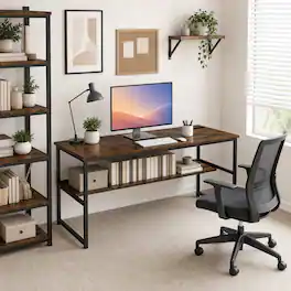 WELLFOR - 55" Computer Desk with Power Outlets & Shelf, Home Office Desk Writing Desk with Adjustable Foot Pads - Rustic Brown