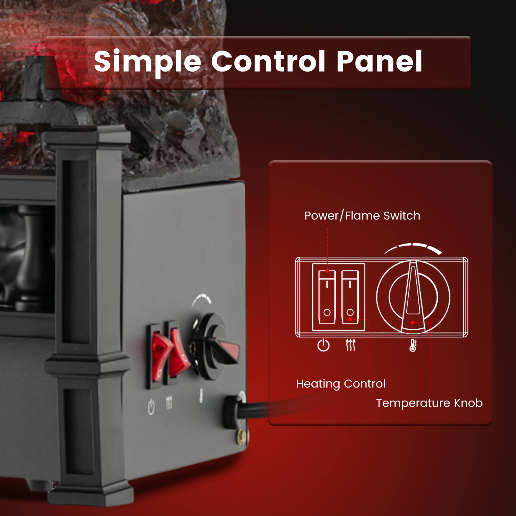 Simple Control Panel

- Power/Flame Switch
- Heating Control
- Temperature Knob