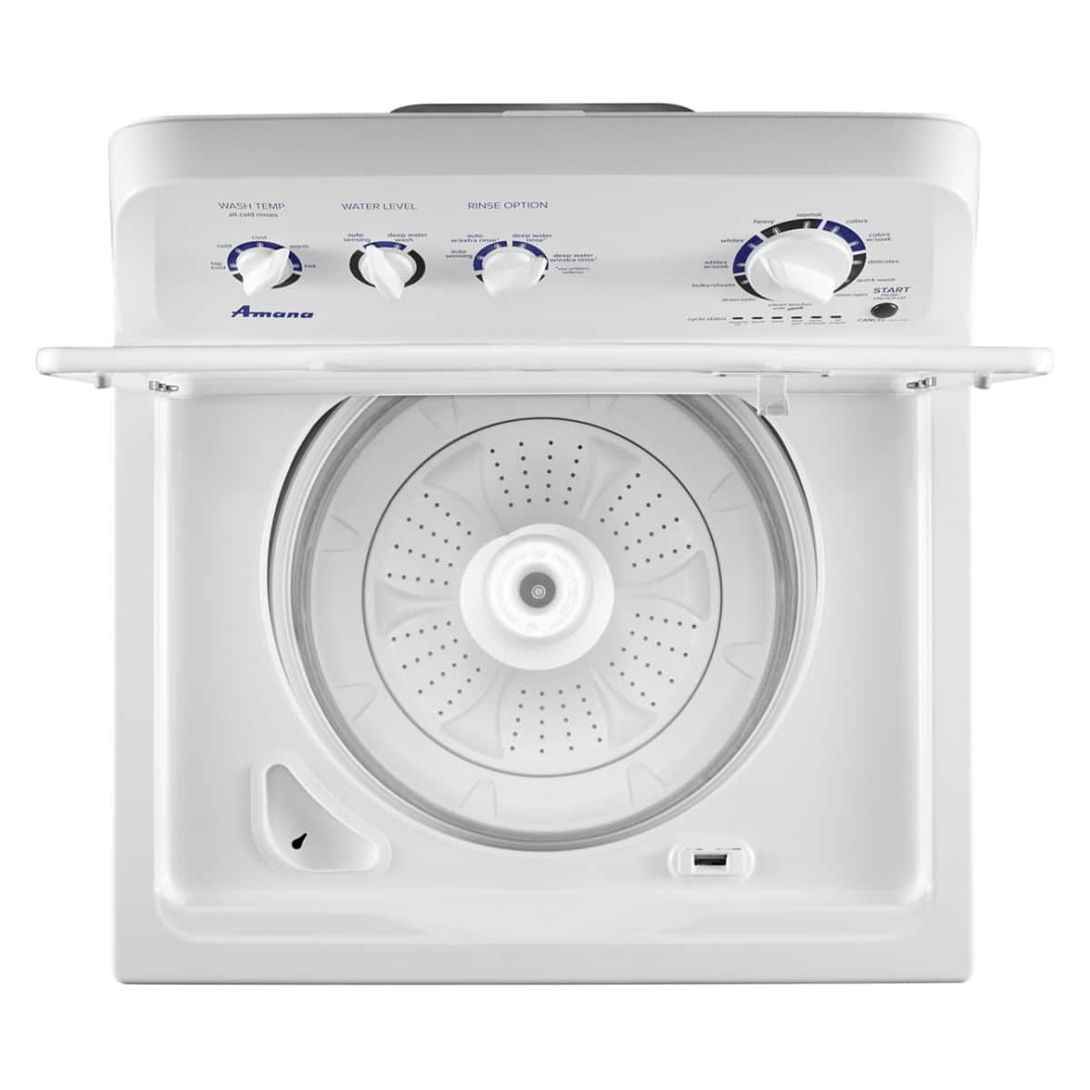 WASH TEMP
- Cold
- Warm
- Hot
WATER LEVEL
- Low
- Medium
- High
RINSE OPTION
- No rinse
- Pre rinse
- Deep rinse
START
- Normal
- Heavy duty
- Bulky
- Delicates
- Towels
- Sanitize
- Steam fresh
- Speed wash
Amana