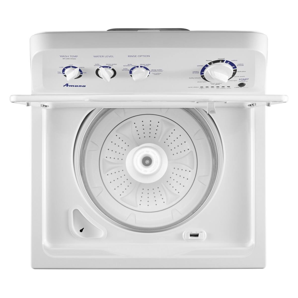 WASH TEMP  
- Cold  
- Warm  
- Hot  

WATER LEVEL  
- Low  
- Medium  
- High  

RINSE OPTION  
- No rinse  
- Pre rinse  
- Deep rinse  

START  
- Normal  
- Heavy duty  
- Bulky  
- Delicates  
- Towels  
- Sanitize  
- Steam fresh  
- Speed wash  

Amana