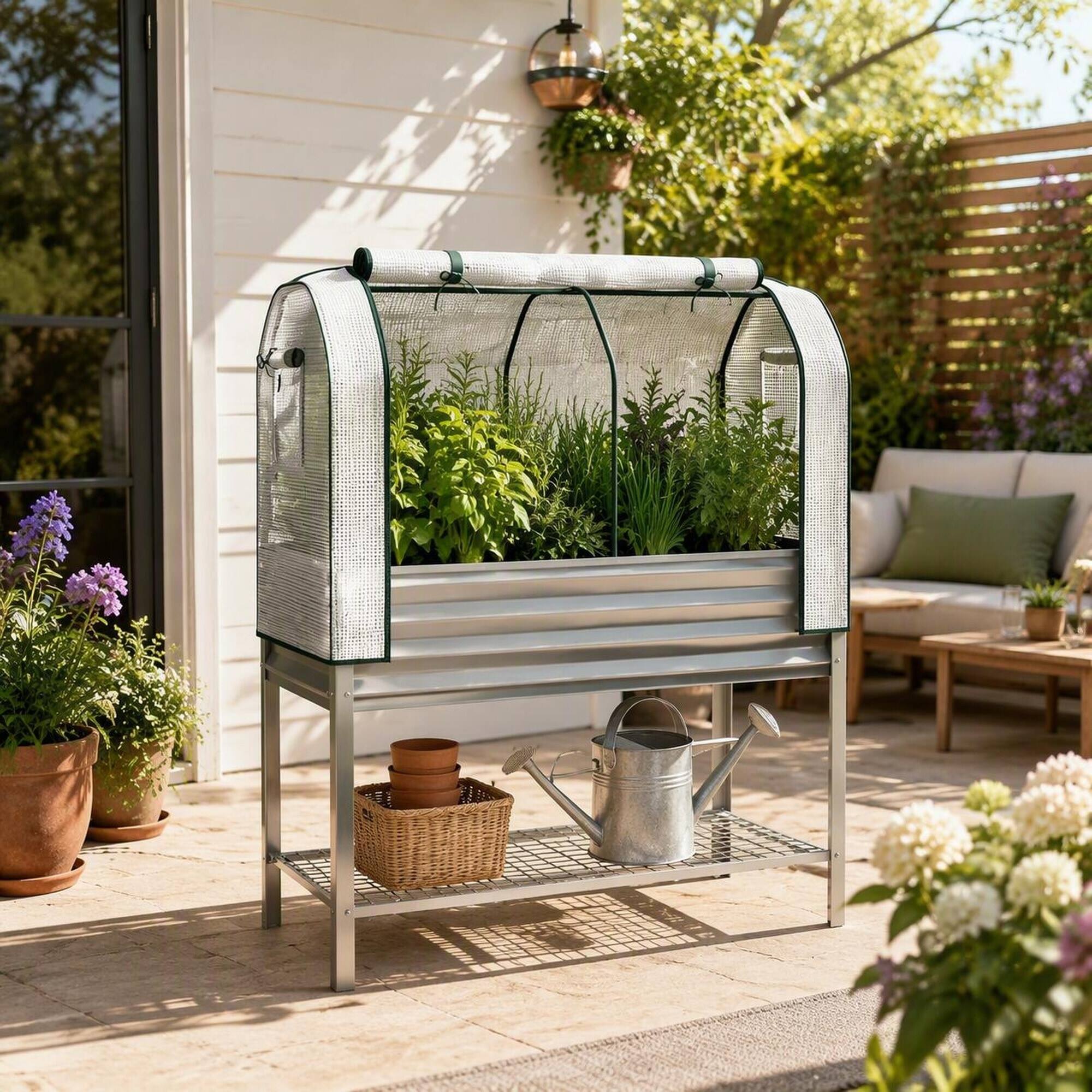 Left. RYHNUYNE - Raised Garden Bed with Greenhouse Cover, 44 Gal Elevated Planter Box, Galvanized Metal Frame, Silver, Outdoor Use - Silver.