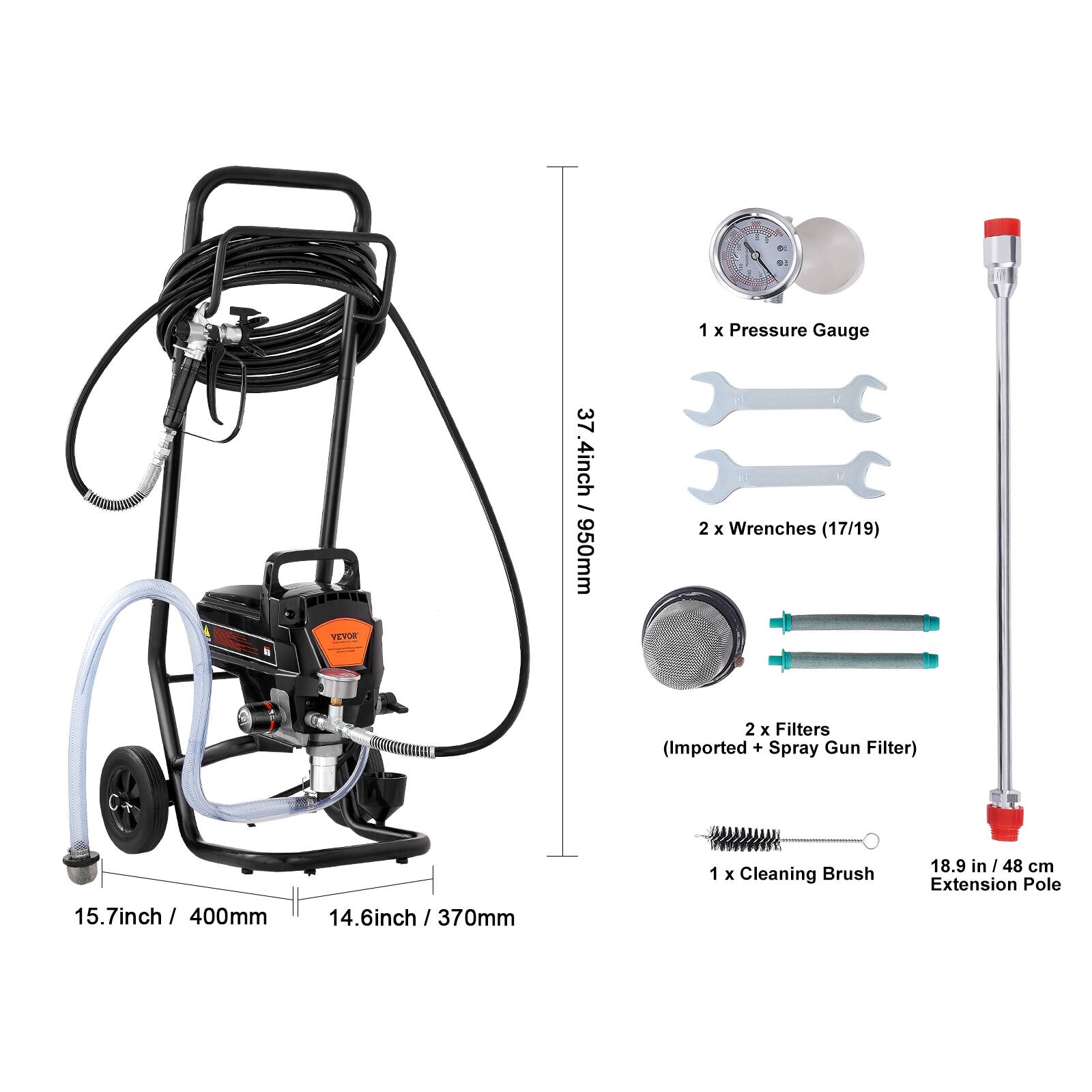 E
0:
9:
REVOR
37.4inch / 950mm
1 X Pressure Gauge
2 X Wrenches (17/19)
2 X Filters (Imported + Spray Gun Filter)
15.7inch / 400mm
14.6inch / 370mm
1 X Cleaning Brush
18.9 in /48 cm Extension Pole