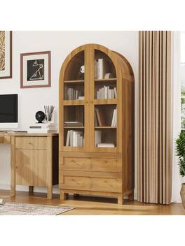 GARVEE - 71" Tall Arched Kitchen Pantry Cabinet, Modern Storage Cabinet with 2 Drawers and Glass Door, Dining Room - Natural