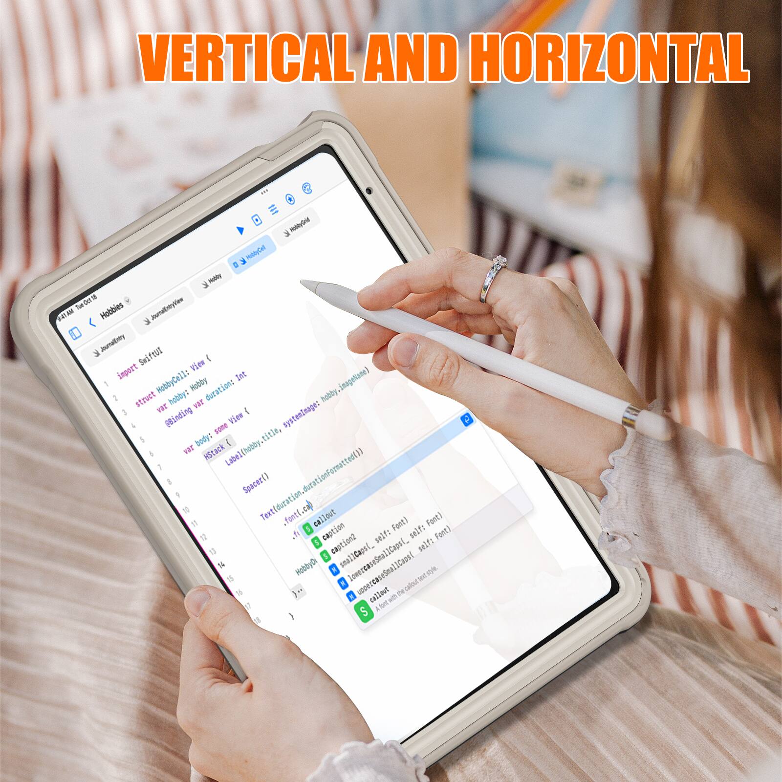 VERTICAL AND HORIZONTAL

import Int in age) HobbyCell: Hobby durations hobby struct hobby: vr var systeminage: (Binding sone View body: ! title, v HStack LabelChobby. 1 Spacer() Text(duration.durationFocmatted()) ca) forti callout Font) Font) S caption self: Font) .n self: 5 SnOczRs self: HobbyD 5 smallCaosl. smal lowereaseSnallCapsl,  tit a caloul 3+ 1 callest wth The A fontwth S
