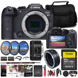 EOS R7 Mirrorless Camera + Canon EF 50mm Lens + 64GB TOUGH Card + More (International Version)