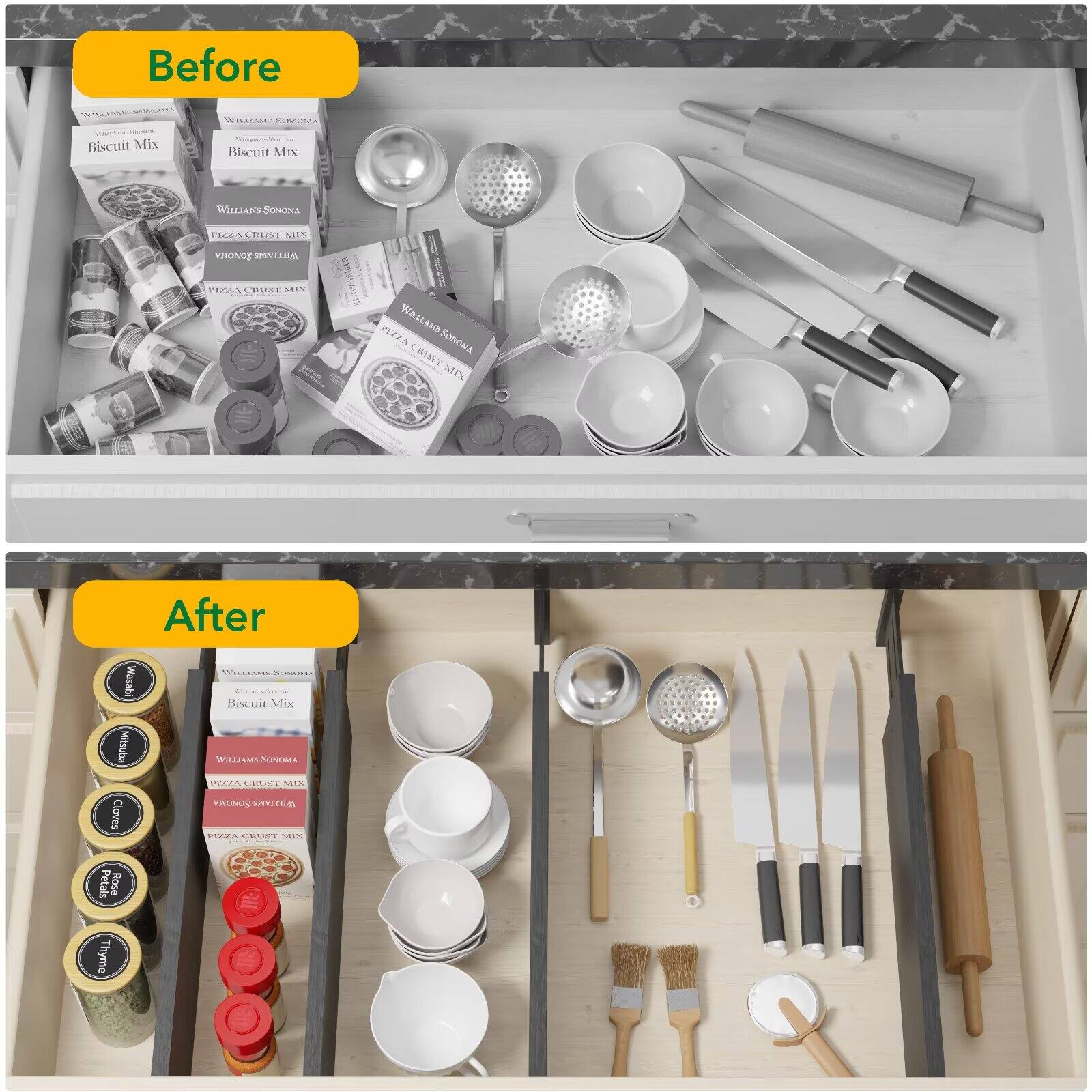 Before

- Cedo Biscuit Mix
- WILSEAMAN L - Biscuit Mix
- WILLIAPS SONONA PLAN ES PT
- THON SVIEA 22% LIIE MIN SORATWO VIZZA
- WALLAMS WALLAND SORONA
- SORONA CRIMT st%

After

- Wasabi
- Mitsuba
- Cloves
- Rose Petals
- Thyme