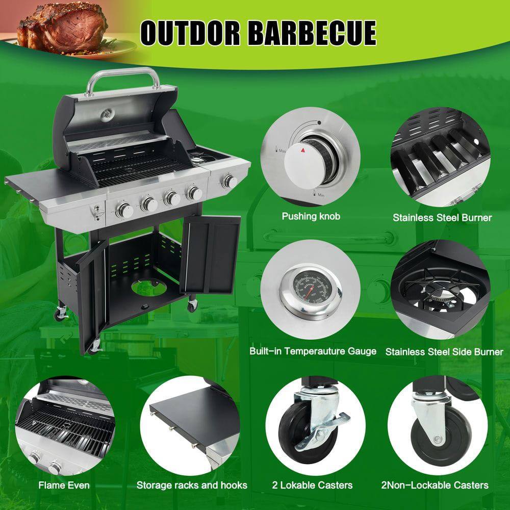 OUTDOOR BARBECUE

- Pushing knob
- Stainless Steel Burner
- Built-in Temperature Gauge
- Stainless Steel Side Burner
- Flame Even
- Storage racks and hooks
- 2 Lockable Casters
- 2 Non-Lockable Casters
