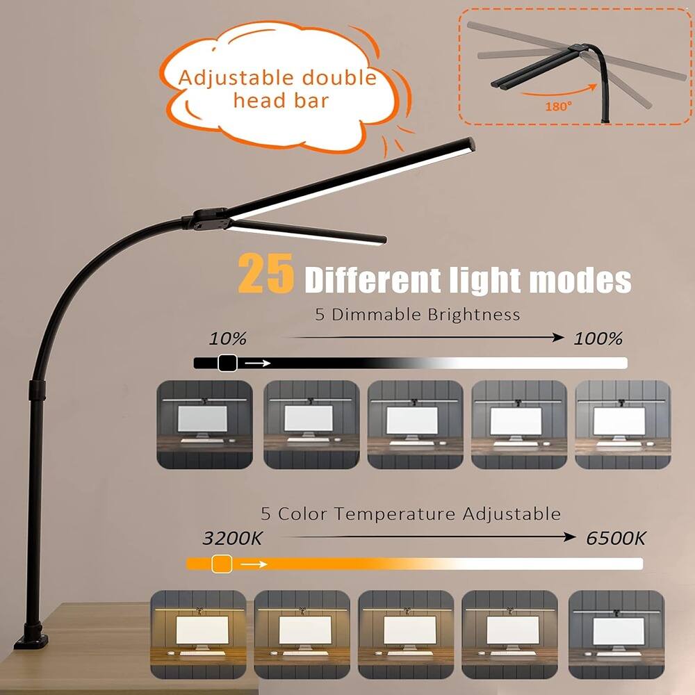 Adjustable double head bar  
180°  

25 Different light modes  
5 Dimmable Brightness  
10% - 100%  

5 Color Temperature Adjustable  
3200K - 6500K