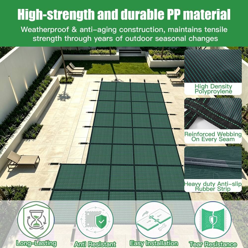 High-strength and durable PP material  
Weatherproof & anti-aging construction, maintains tensile strength through years of outdoor seasonal changes  

High Density Polyproylene  
Reinforced Webbing On Every Seam  
Heavy duty Anti-slip Rubber Strip  
Long-Lasting  
Anti Resistant  
Easy Installation  
Tear Resistance