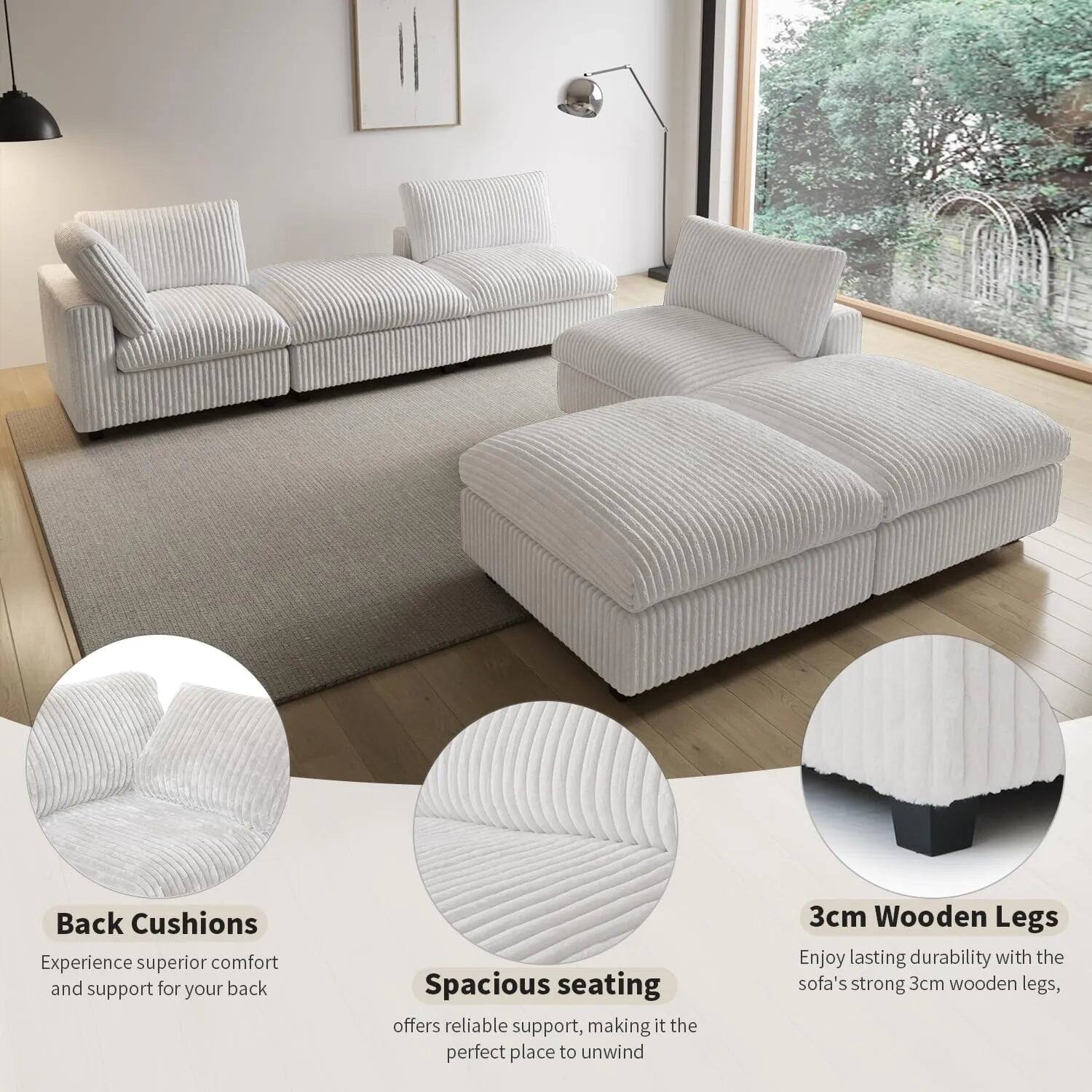 Back Cushions  
Experience superior comfort and support for your back  

Spacious seating  
offers reliable support, making it the perfect place to unwind  

3cm Wooden Legs  
Enjoy lasting durability with the sofa's strong 3cm wooden legs