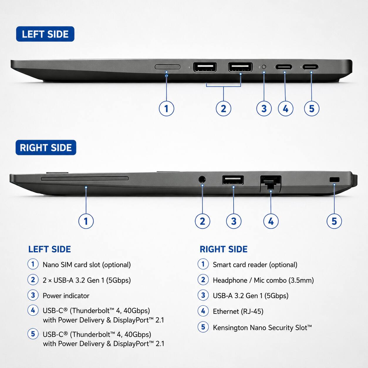 LEFT SIDE
1. Nano SIM card slot (optional)
2. 2 X USB-A 3.2 Gen 1 (5Gbps)
3. Power indicator
4. USB-C (Thunderbolt™ 4, 40Gbps) with Power Delivery & DisplayPort™ 2.1
5. USB-C (Thunderbolt™ 4, 40Gbps) with Power Delivery & DisplayPort™ 2.1

RIGHT SIDE
1. Smart card reader (optional)
2. Headphone / Mic combo (3.5mm)
3. USB-A 3.2 Gen 1 (5Gbps)
4. Ethernet (RJ-45)
5. Kensington Nano Security Slot™