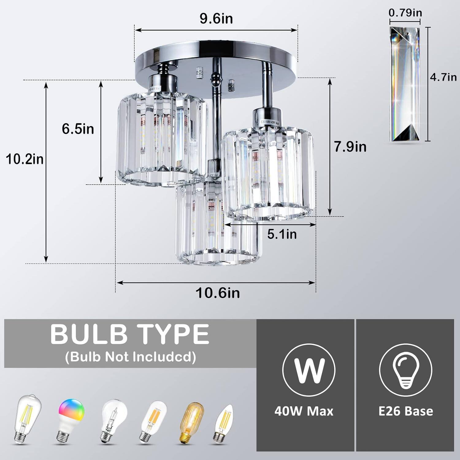 9.6in  
0.79in  
4.7in  
6.5in  
10.2in  
7.9in  
5.1in  
10.6in  

BULB TYPE (Bulb Not Included)  
40W Max  
E26 Base