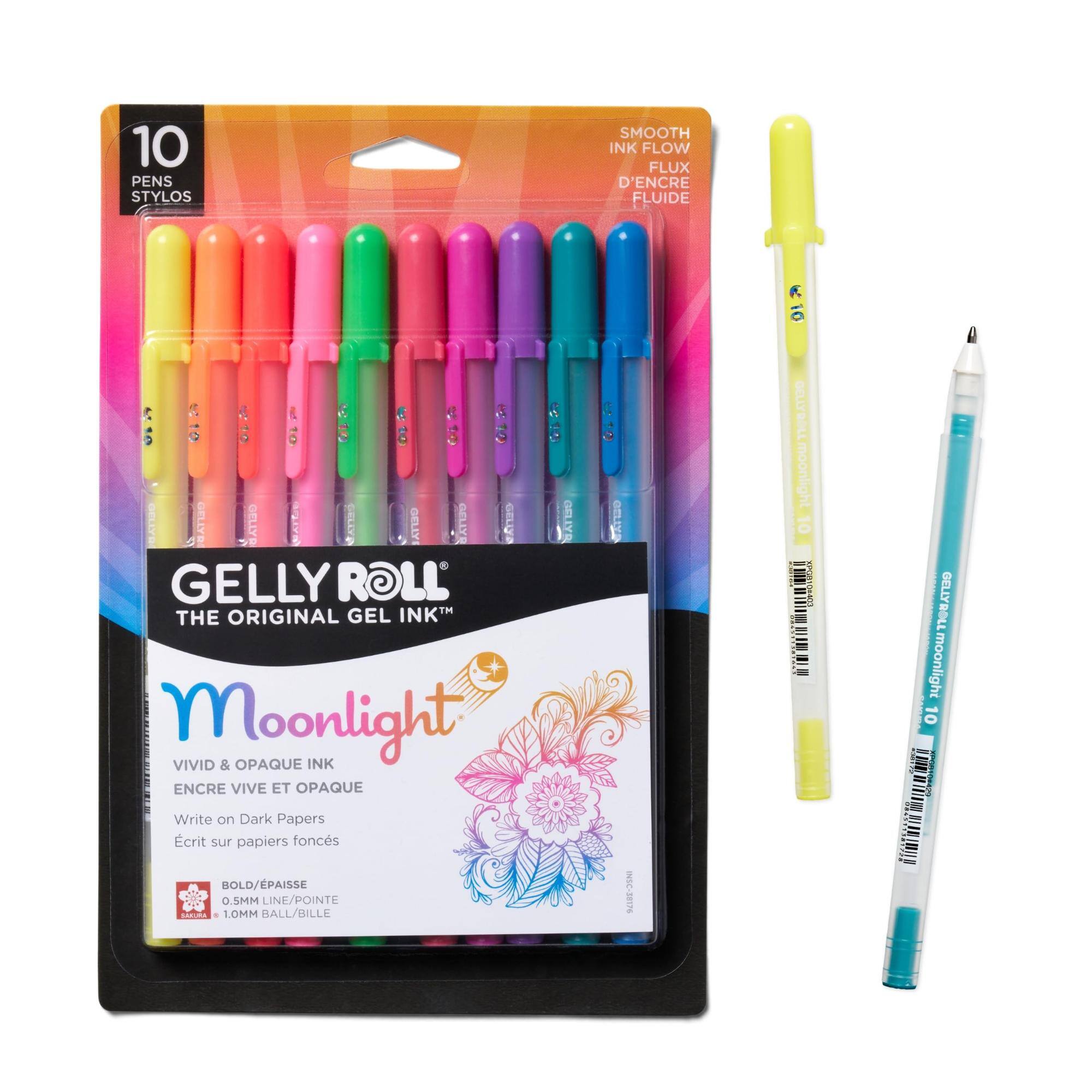 10 PENS STYLOS  
SMOOTH INK FLOW FLUX D'ENCRE FLUIDE  
GELLY ROLL THE ORIGINAL GEL INK Moonlight OPAQUE INK VIVID & ENCRE VIVE ET OPAQUE Write on Dark Papers Ecrit sur papiers foncs BOLD/PAISSE 0.5MM LINE/POINTE SUKURA 1.0MM BALL/BILLE  
NSC=30176  
OCLLYS moonlight 10  
GELLYROLL 10 moonlight 2019 11.010ML.RU XPORTO