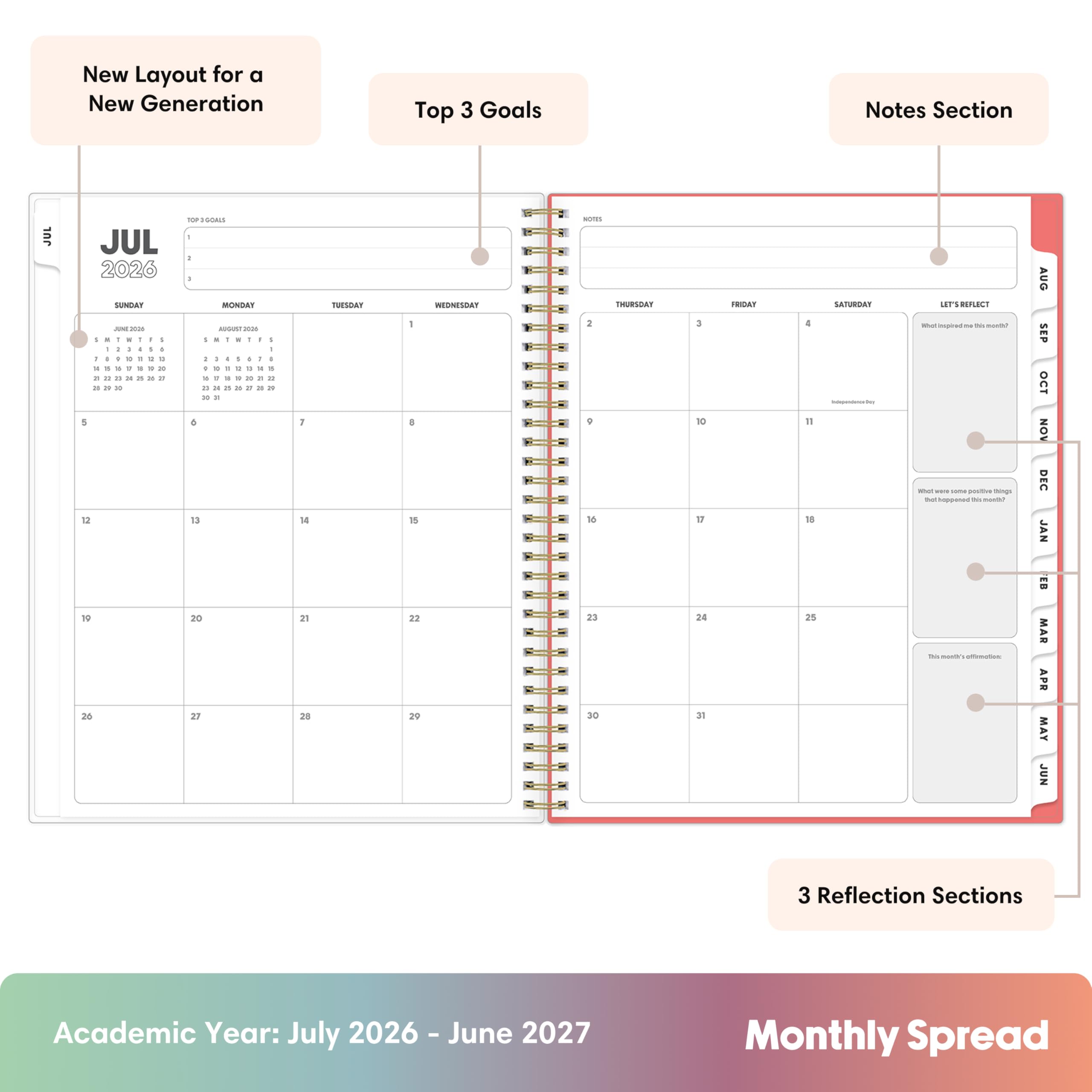 New Layout for a New Generation

Top 3 Goals

Notes Section

TOP GOALS JUL 2026: SUNDAY MONDAY TUESDAY WEDNESDAY THURSDAY FRIDAY SATURDAY

NOTES

LET'S REFLECT

AUG SEP OCT NOV DEC JAN FEB MAR APR MAY JUN

3 Reflection Sections

Academic Year: July 2026 - June 2027

Monthly Spread