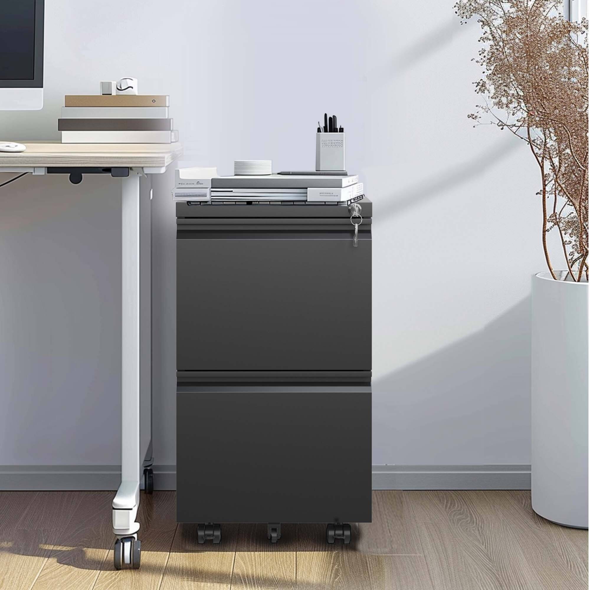 Alt View 4. GOODSILO - Fully Assembled Rolling Mobile File Cabinet with Lock for Legal/Letter/A4 - 2 Drawers - Black.