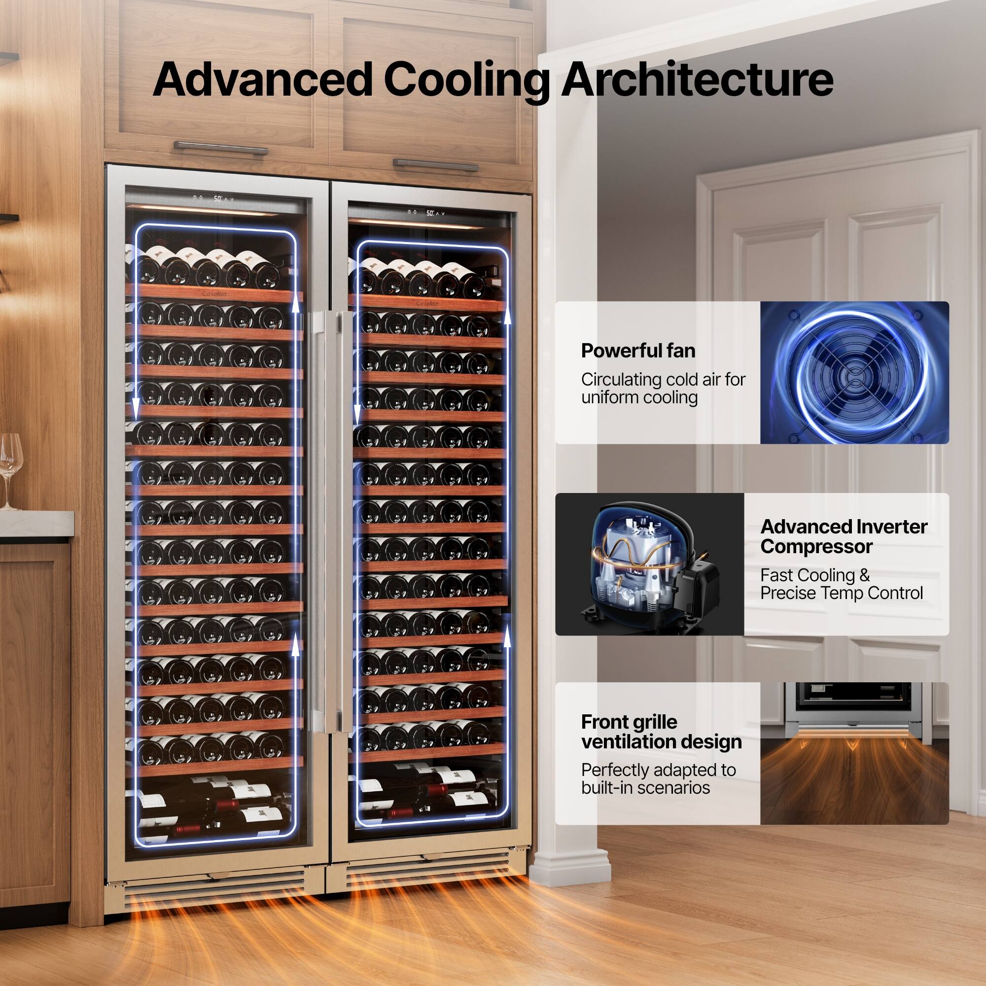 Advanced Cooling Architecture

- Powerful fan: Circulating cold air for uniform cooling
- Advanced Inverter Compressor: Fast Cooling & Precise Temp Control
- Front grille ventilation design: Perfectly adapted to built-in scenarios