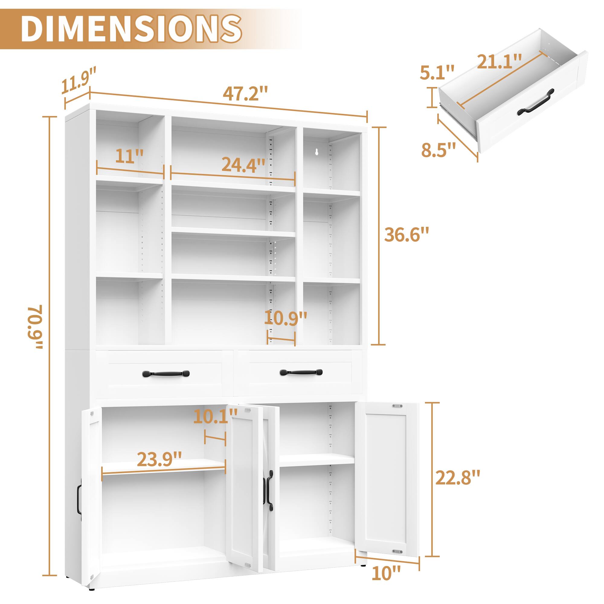 DIMENSIONS

- 11.9"
- 47.2"
- 21.1"
- 5.1"
- 11"
- 24.4"
- 8.5"
- 36.6"
- 70.9"
- 10.9"
- 10.1"
- 23.9"
- 22.8"
- 10"