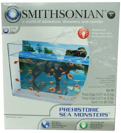 Smithsonian ages 7+
A world of adventure, discovery and wonder
Includes 23 17 Color Poster!
Hatch and Grow Your Own Prehistoric Pets!
Adult supervision required
Includes:
1 Aquarium, 1 Background, 1 Bag of Triops Eggs, 1 Bag of Triops Food, 1 Bag of Sand, and Color Poster with Instructions
Net Wt:
Triops Eggs 0.017 OZ (0.5g), Triops Food 0.017 OZ (0.5g), Sand 3 OZ (85.05g)
PREHISTORIC SEA MONSTERS
Witness a 220 Million Year Old Species Come to Life!
They Hatch and Grow to More Than 20X Their Original Size!