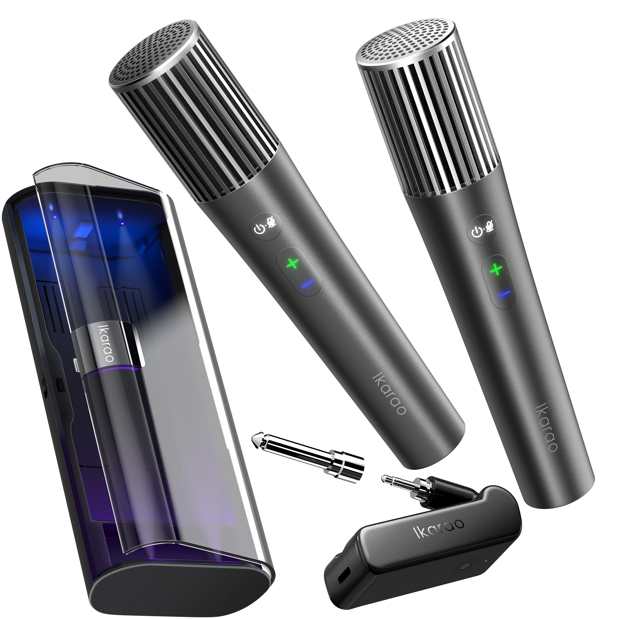 Ikarao - Wireless Karaoke Microphone, 2 Mics with UV Self-Cleaning Case, 20H, 100FT Range, Dual-Channel Receiver for JBL PA - Black/Silver