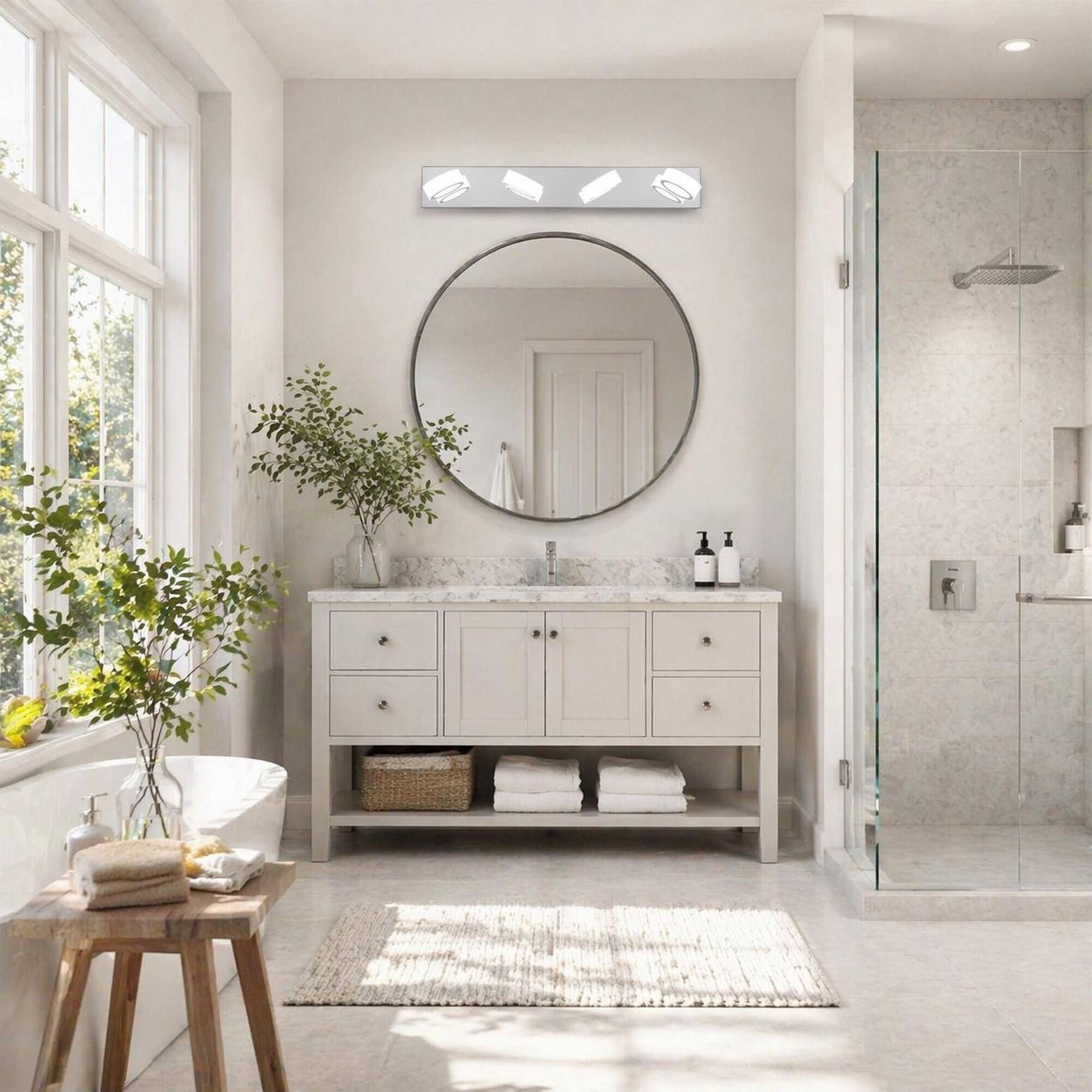 Angle. RYHNUYNE - Modern 4‑Light Vanity Light,29"Rotating Acrylic LED Bathroom Wall Light,Wall Mount Over Mirror Lighting for Bath - Chrome.