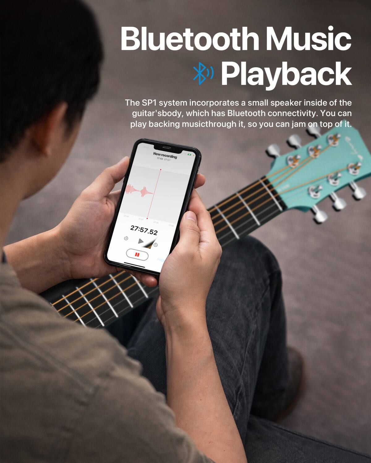 Bluetooth Music Playback

The SP1 system incorporates a small speaker inside of the guitar's body, which has Bluetooth connectivity. You can play backing music through it, so you can jam on top of it.

New recording thes 20.57
27:57.52
