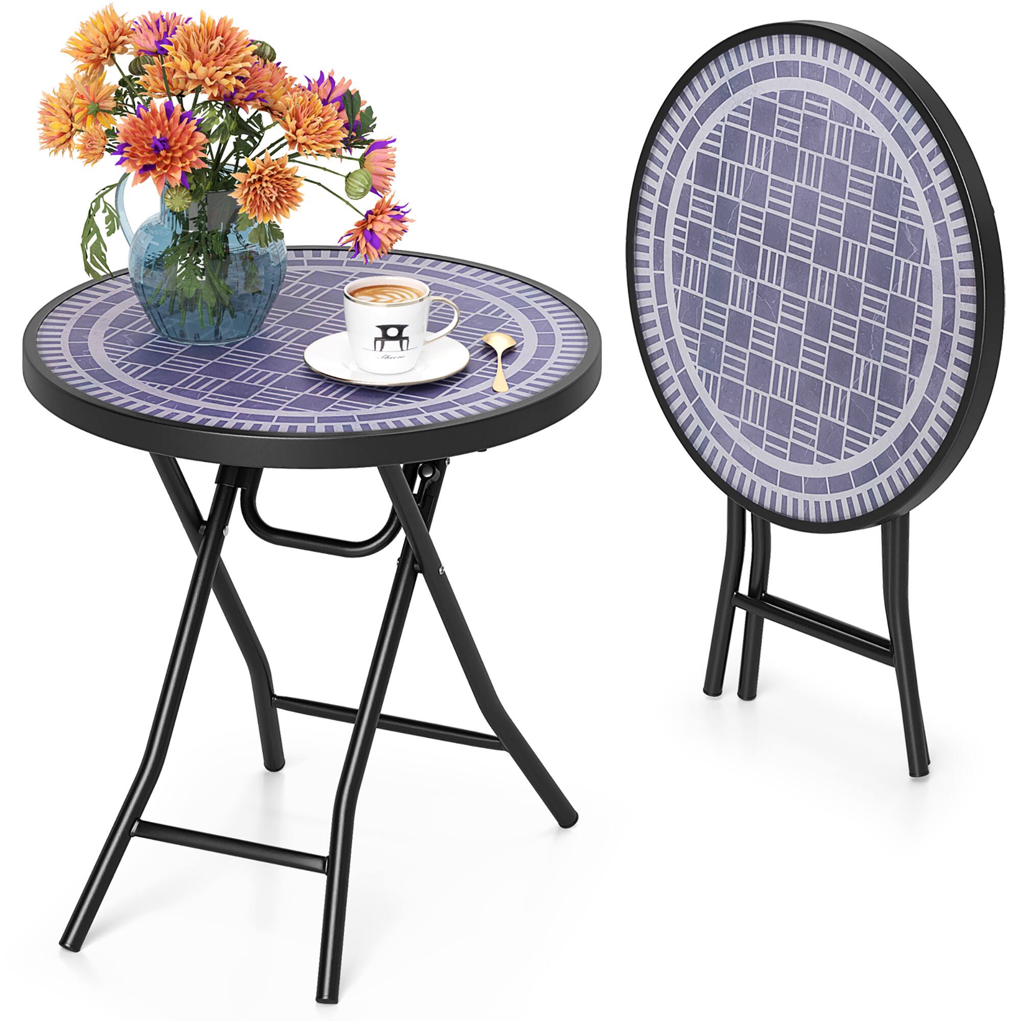 Gymax - Round Folding Side Table 18 Inch Patio Coffee Table w/ Tempered Glass Tabletop Grey - Gray