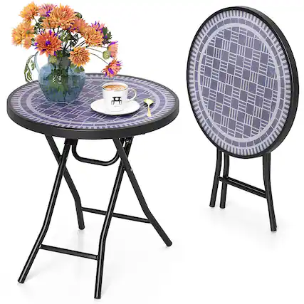 Front. Gymax - Gymax Round Folding Side Table 18 Inch Patio Coffee Table w/ Tempered Glass Tabletop Grey - Grey.