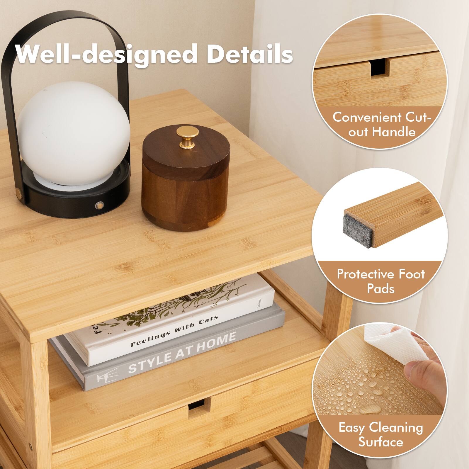 Well-designed Details  
Convenient Cut-out Handle  
Protective Foot Pads  
Easy Cleaning Surface
