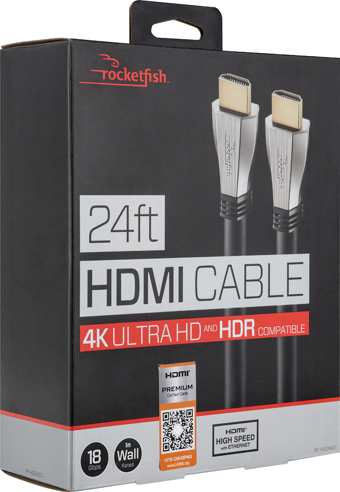 Angle View: Rocketfish™ - 24' 4K UltraHD/HDR In-Wall Rated HDMI Cable - Black
