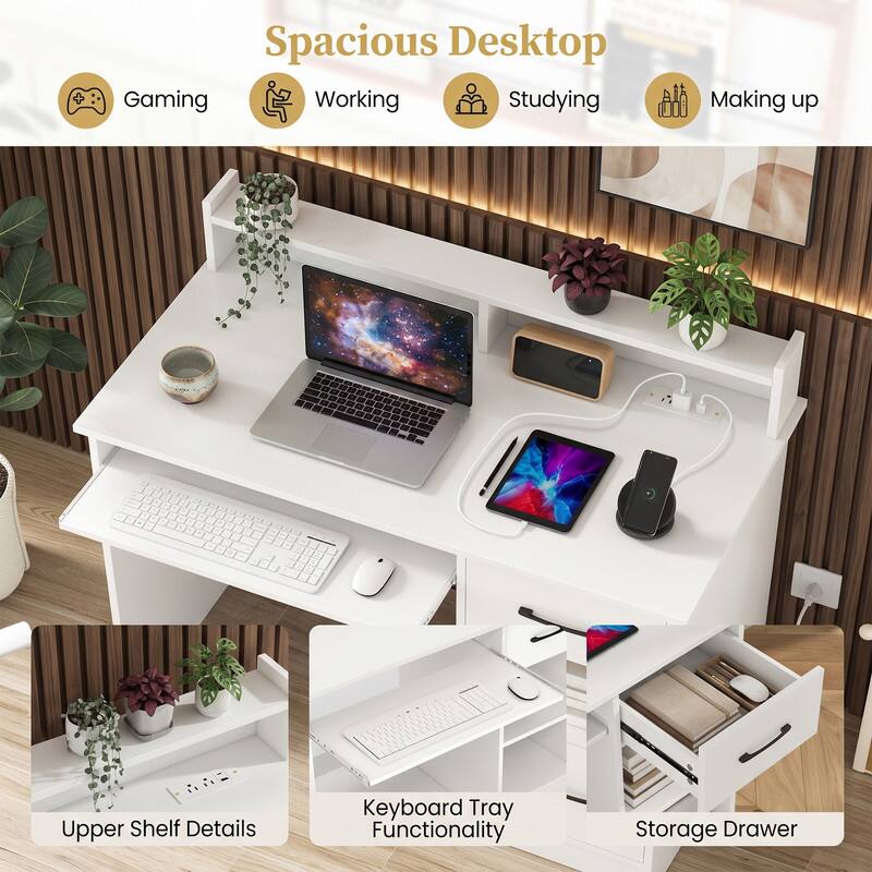 Spacious Desktop Gaming Working Studying Making up - Upper Shelf Details Keyboard Tray Functionality Storage Drawer