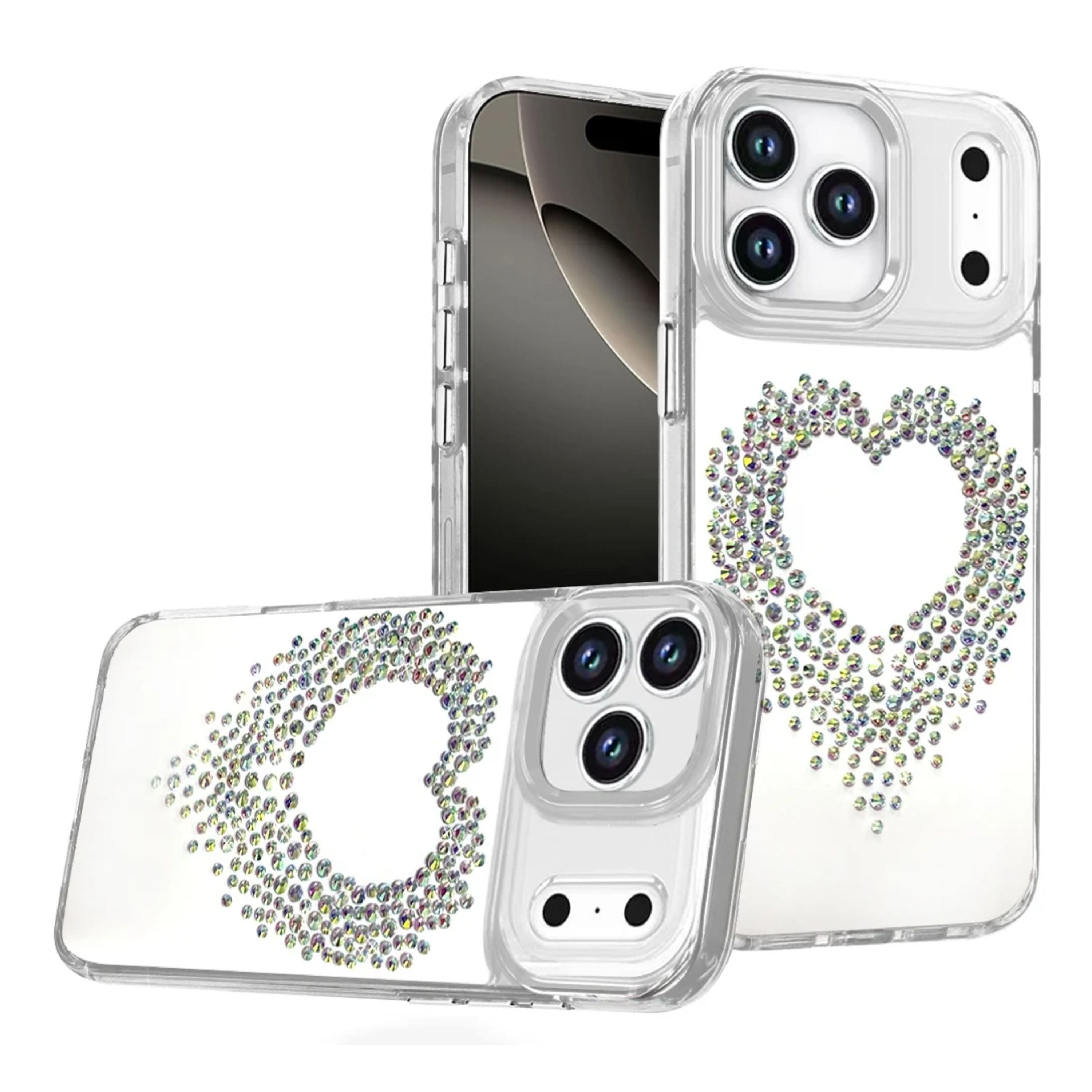Kitcheniva - Heart Shaped Rhinestones With Chrome Edges Tempered Glass For iPhone 17 Pro - Silver price history on PriceWatchPro
