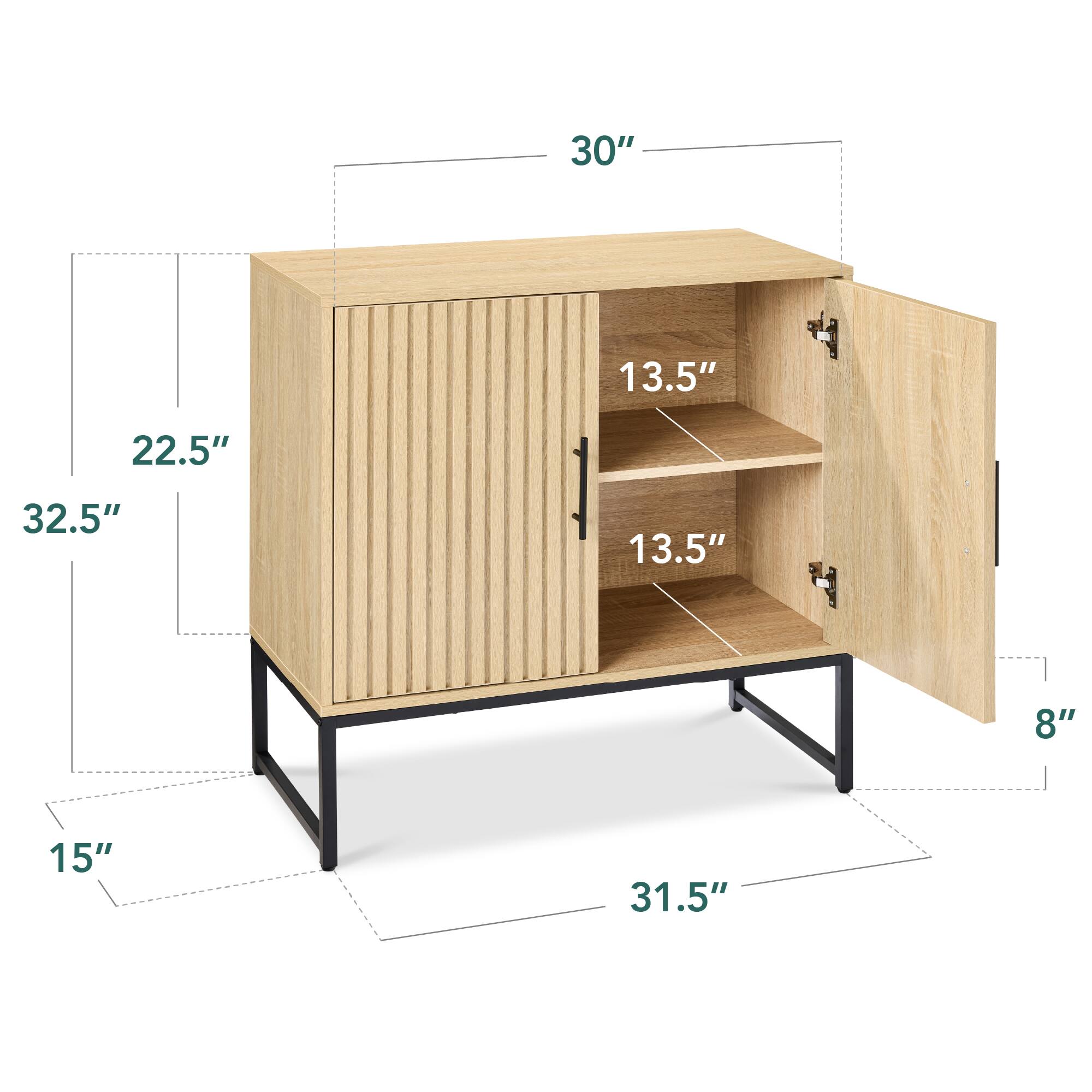 The dimensions of the cabinet are as follows:

- Width: 30"
- Height: 32.5"
- Depth: 15"
- Shelf depth: 13.5"
- Shelf height: 13.5"
- Overall depth from the wall: 31.5"
- Side panel height: 22.5"
- Side panel width: 8"