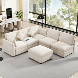 LUCKY ONE - 86.6" Modular Sectional Sofa U-Shape L-Shape w/ Movable Ottoman 2 USB Ports - Beige