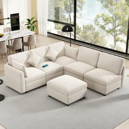 Front. LUCKY ONE - 86.6" Modular Sectional Sofa U-Shape L-Shape w/ Movable Ottoman 2 USB Ports - Beige.