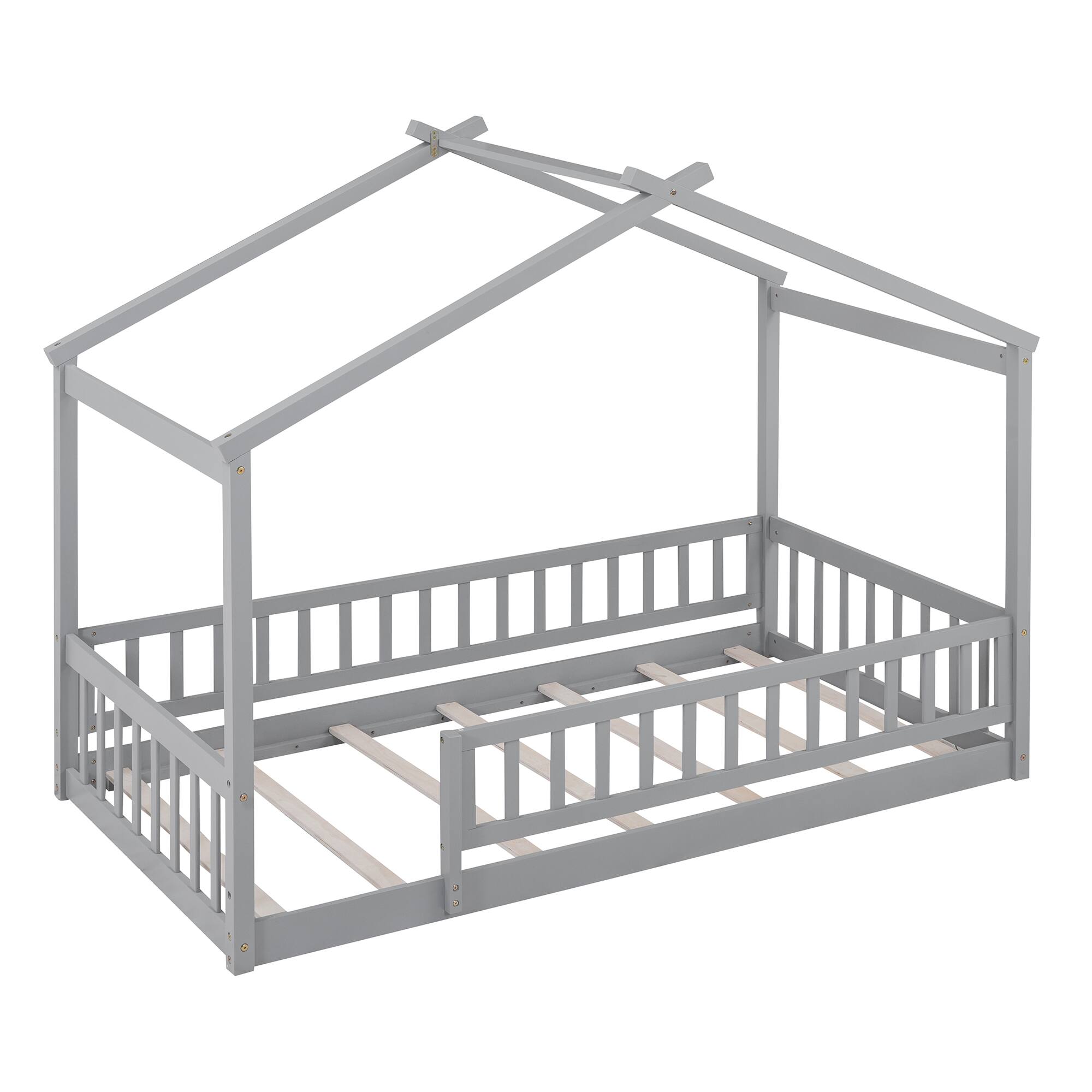 Angle. Whisen - Twin Size Wood House Bed Frame with Fence for Kids and Teens - Gray.