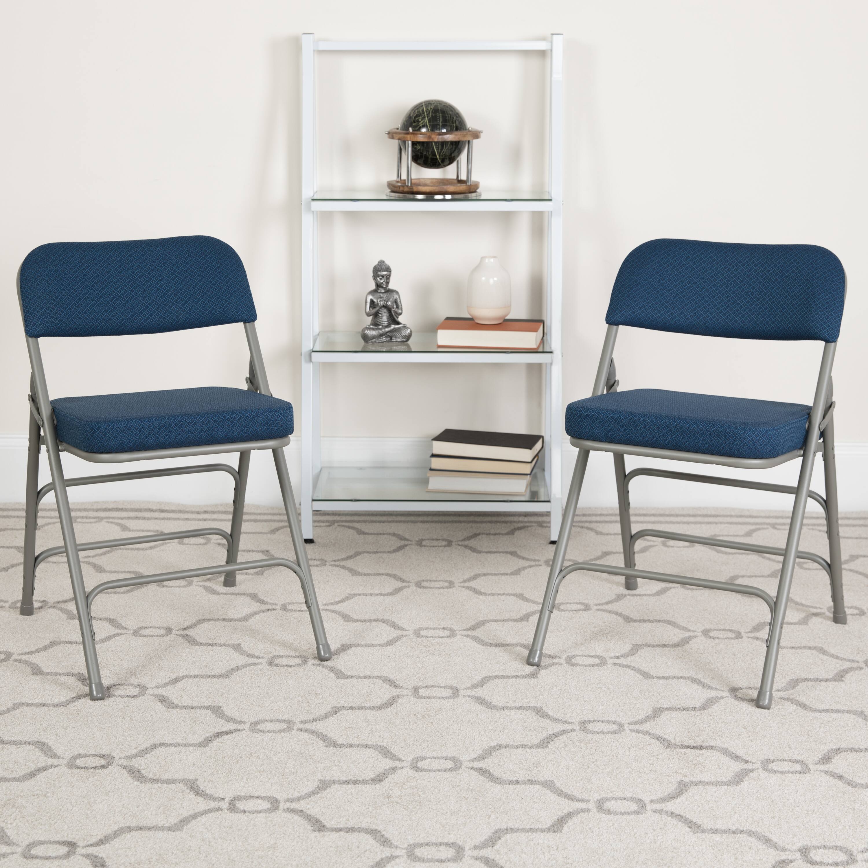 Alt View 2. Emma + Oliver - 2 Pack Premium Curved Triple Braced & Hinged Fabric Upholstered Metal Folding Chair - Navy.