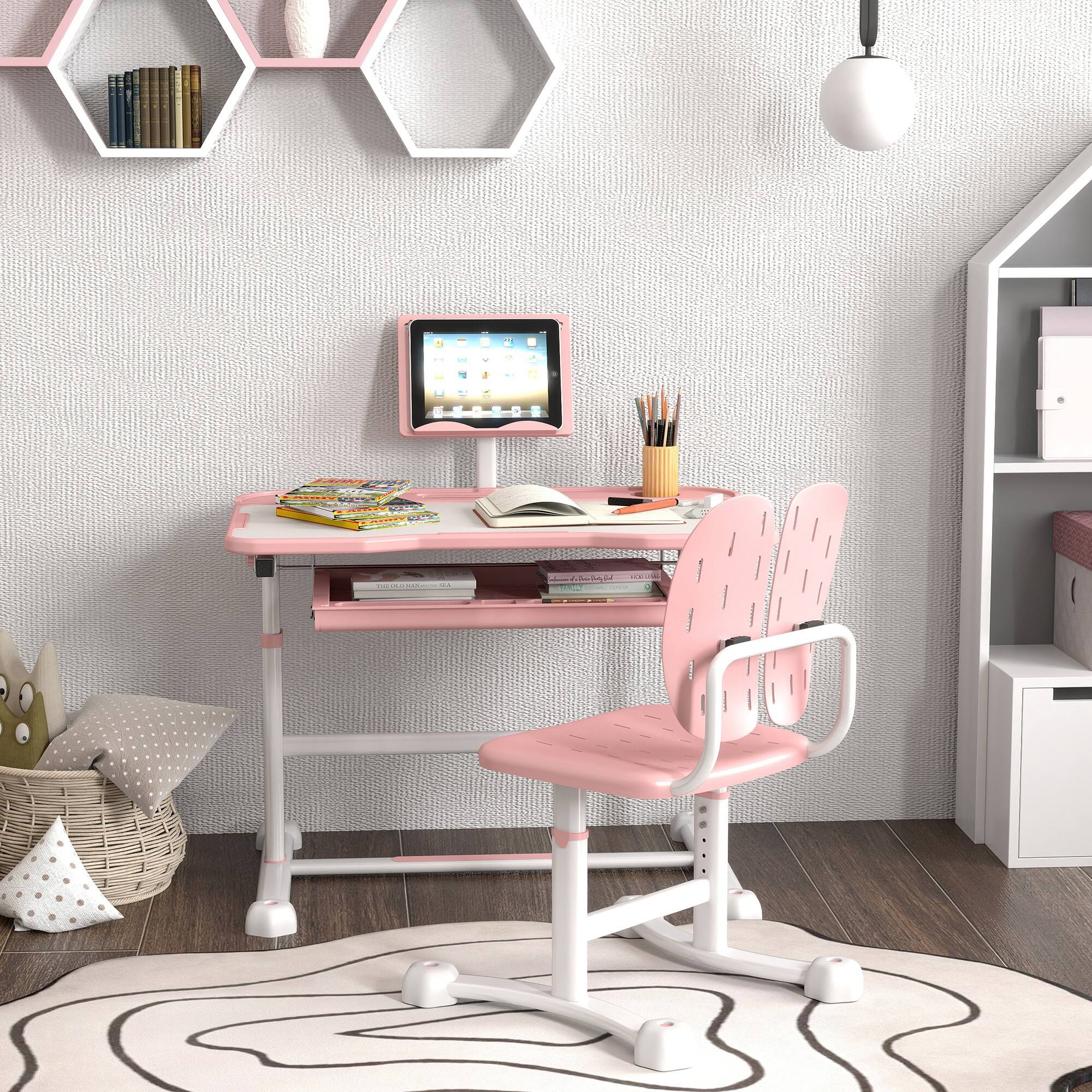 Alt View 5. Qaba - Kids Desk and Chair Set, Height Adjustable, School Study Desk and Chair, Tilt Desktop, Storage Drawer - Pink.