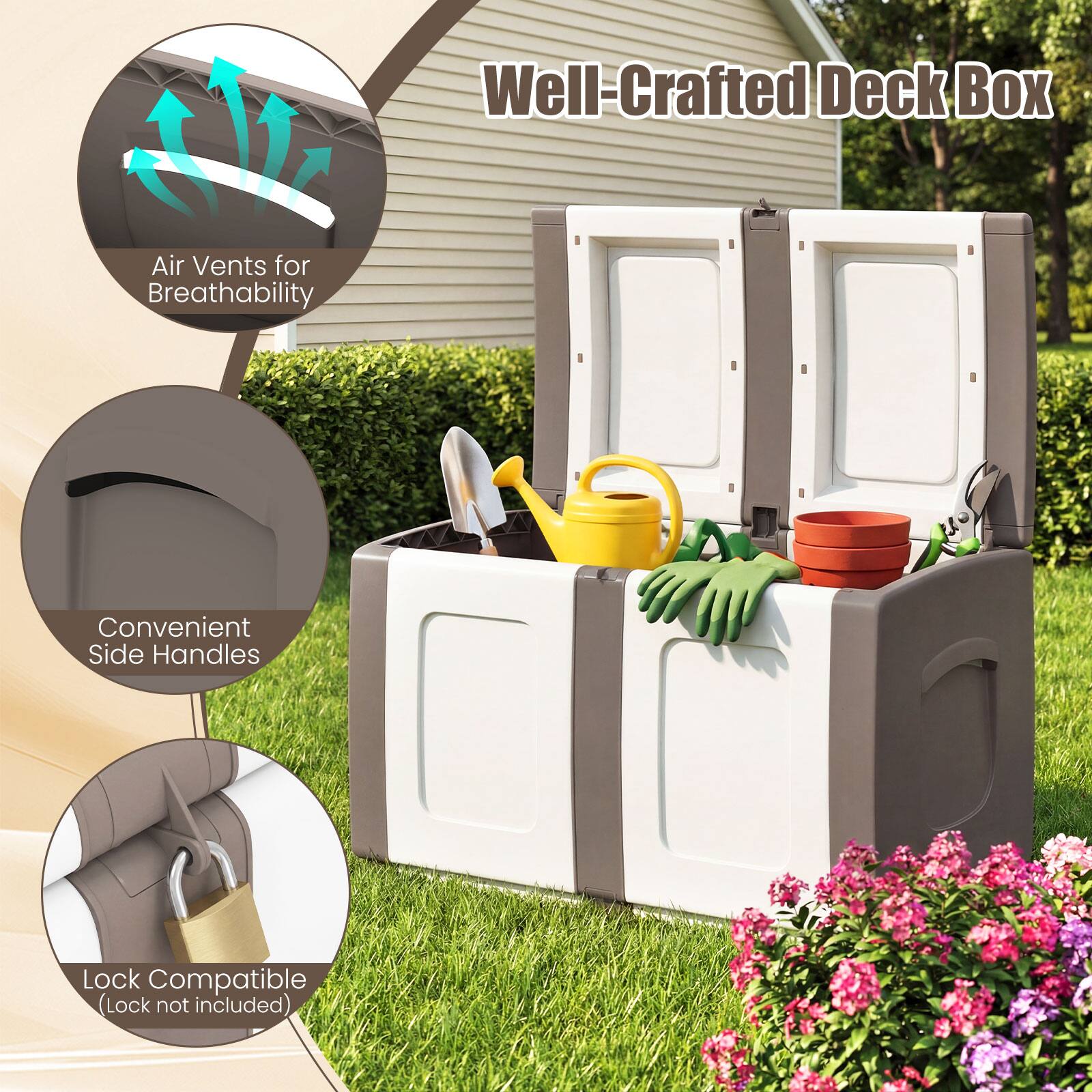 Well-Crafted Deck Box

- Air Vents for Breathability
- Convenient Side Handles
- Lock Compatible (Lock not included)