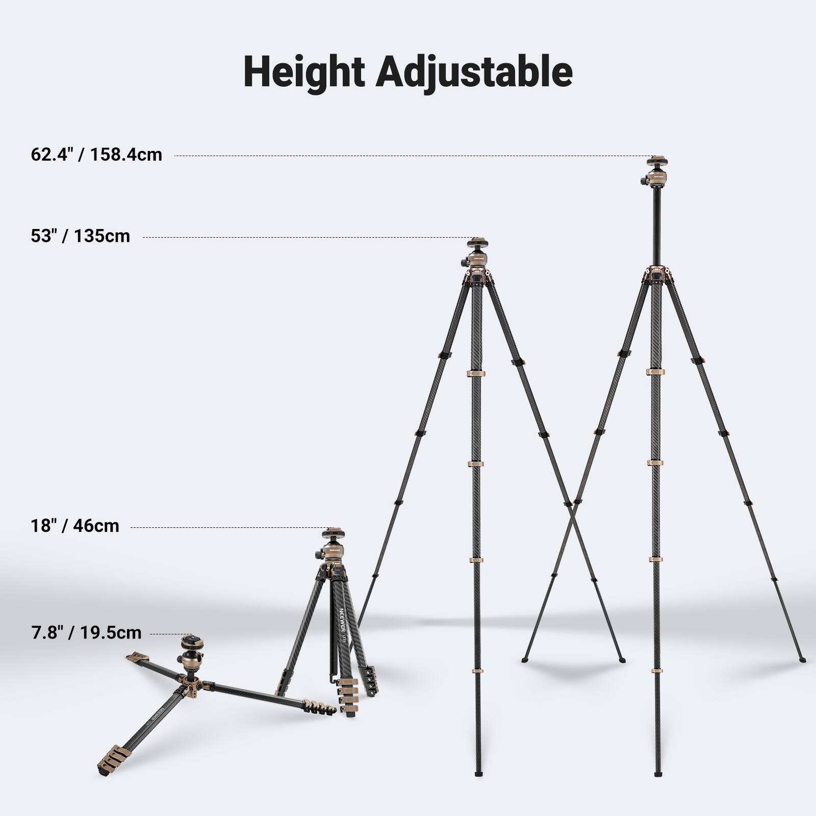 Height Adjustable

62.4" / 158.4cm

53" / 135cm

18" / 46cm

7.8" / 19.5cm