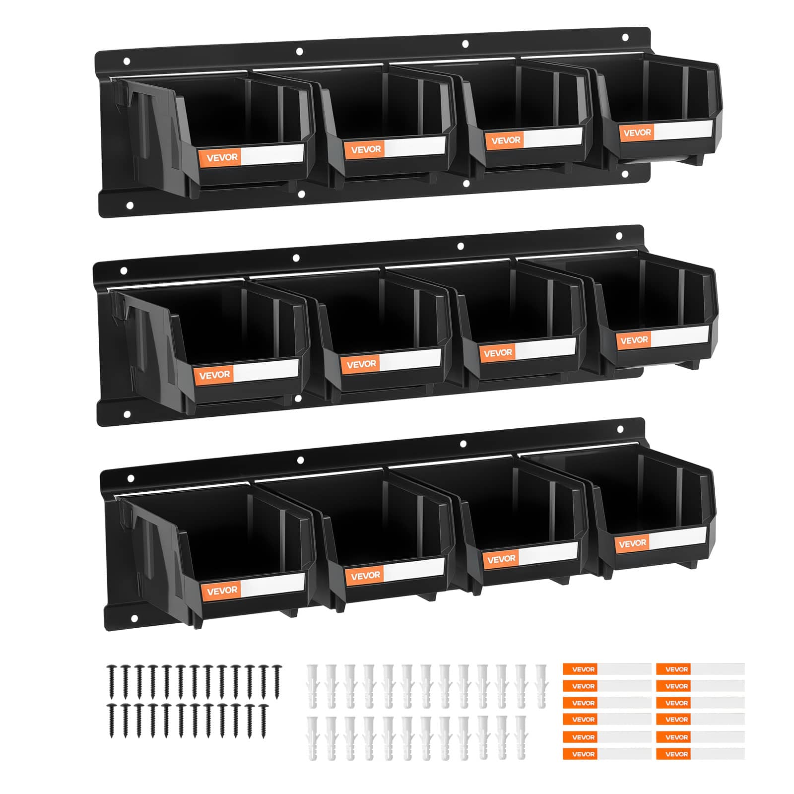 VEVOR - Wall Mounted Storage Bins, 12 Plastic Bins & 3 Metal Rails, Plastic Hanging Stackable Storage Bin for Screws, Nuts - Black