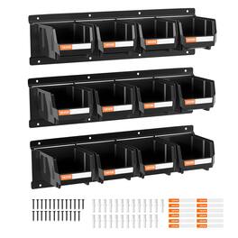VEVOR - Wall Mounted Storage Bins, 12 Plastic Bins & 3 Metal Rails, Plastic Hanging Stackable Storage Bin for Screws, Nuts - Black
