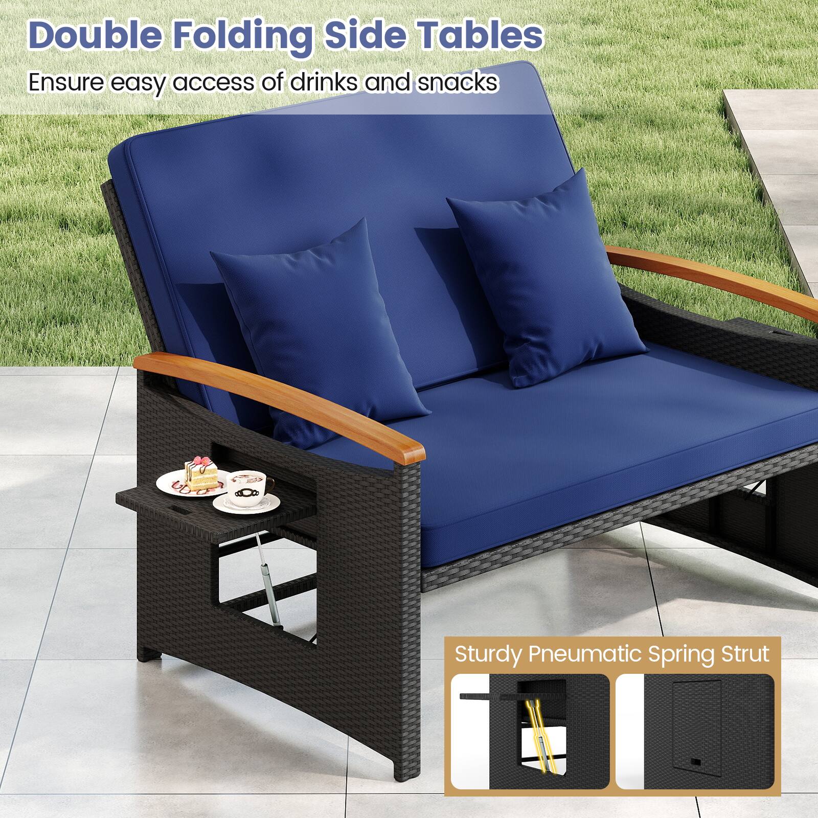 Double Folding Side Tables  
Ensure easy access of drinks and snacks  

Sturdy Pneumatic Spring Strut