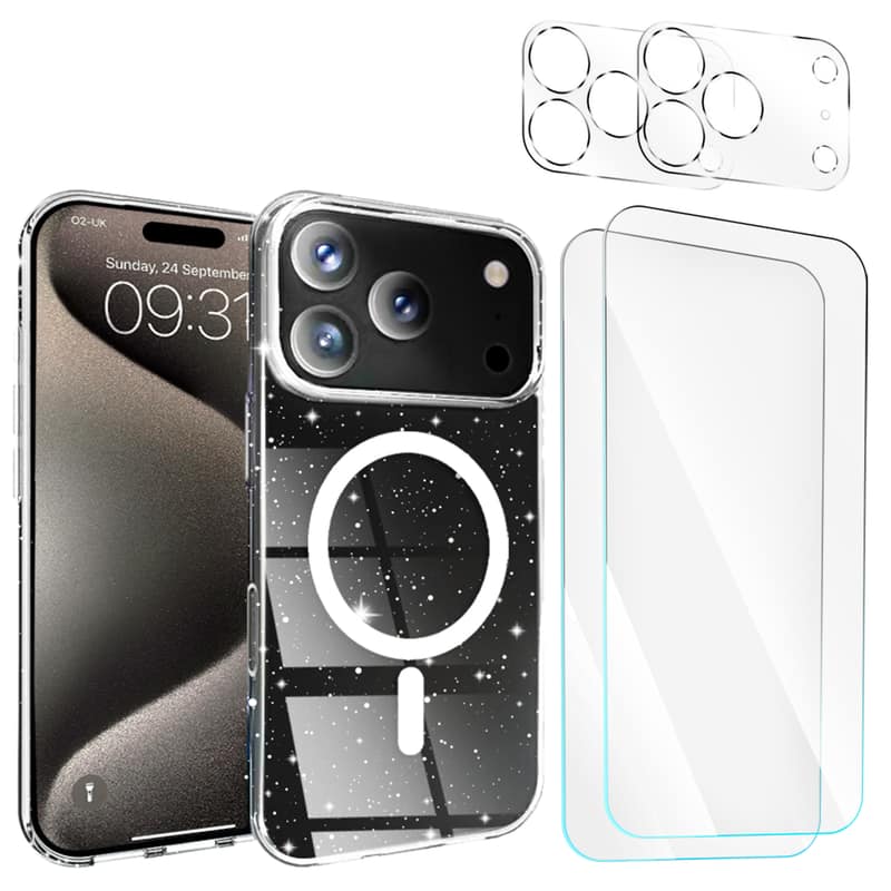 Entronix - 5-in-1 Protection Bundle for iPhone 17 Pro Max - Glitter Case & Accessories - Clear
