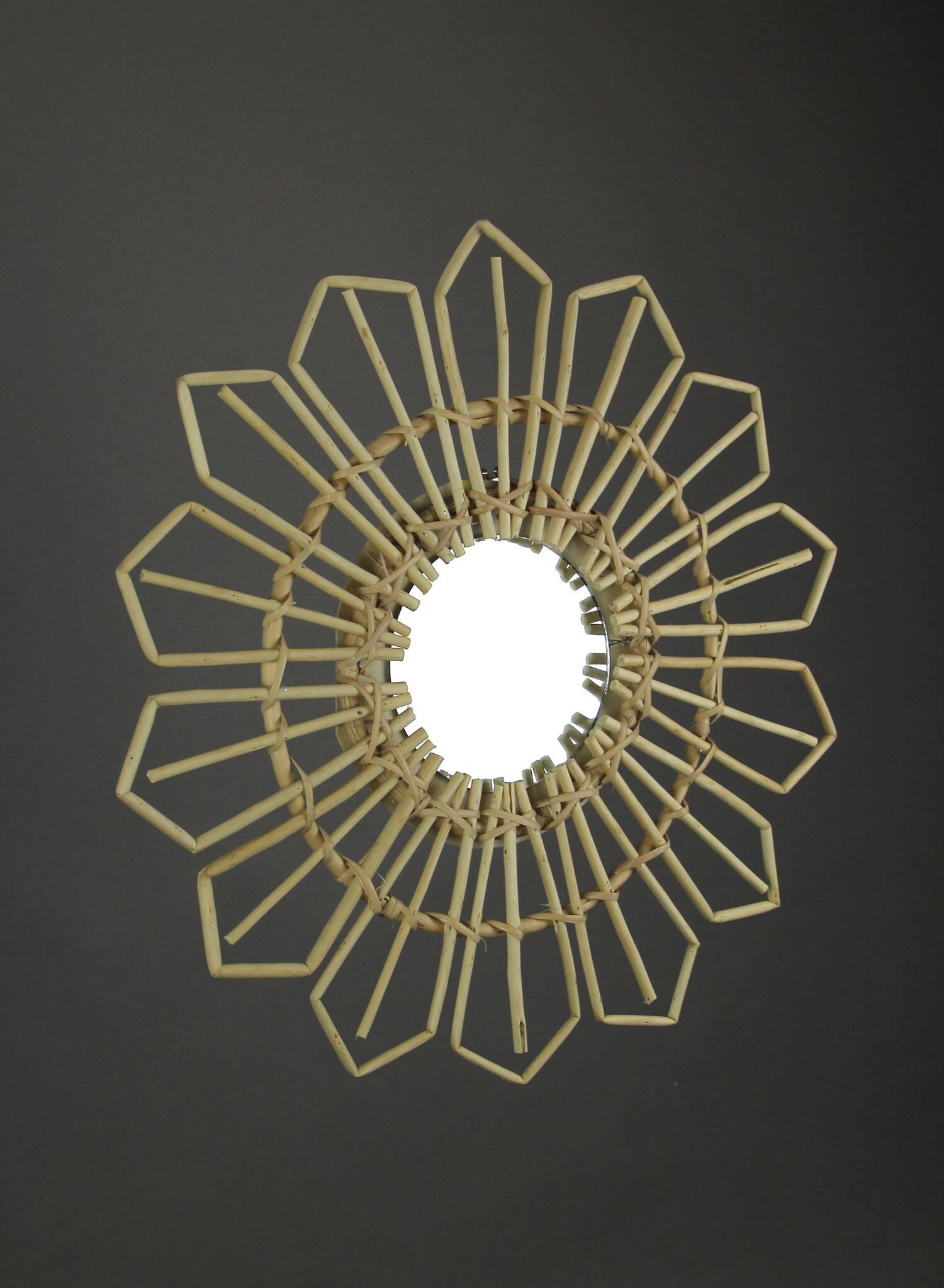 Alt View 1. Transpac - Natural Willow Wicker Framed Geometric Design Wall Mirror 17 Inch Diameter - Tan.