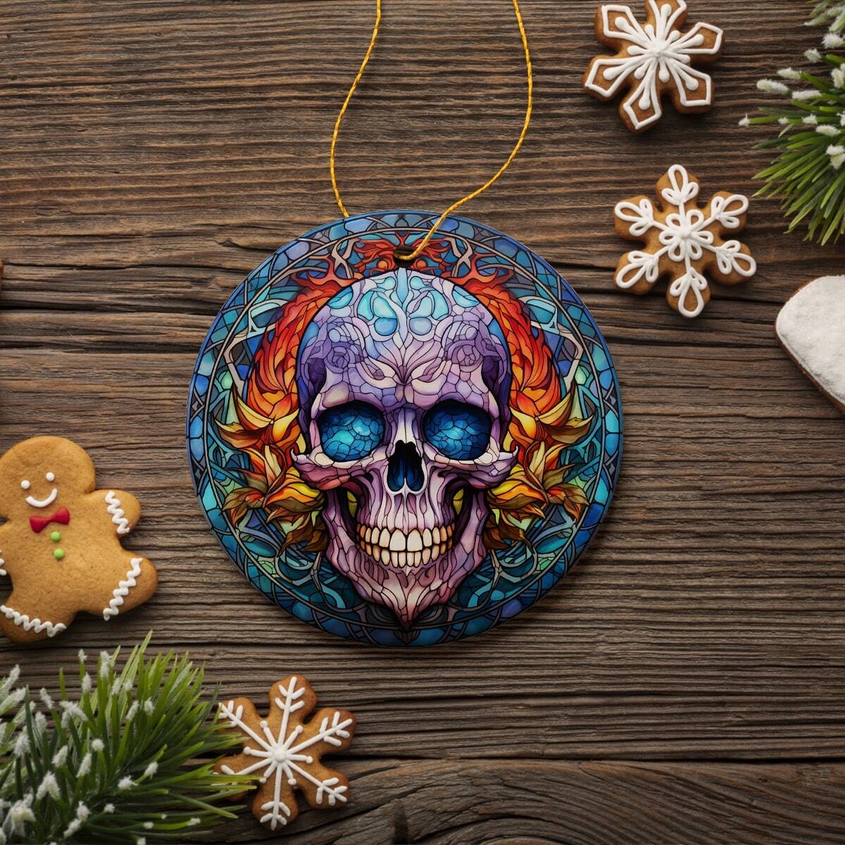 Back. OrnamentallyYou - Grim Guardian Haunting Skull Stained Glass Style Ceramic Ornament Halloween Themed Christmas Gift - Multi-colored.
