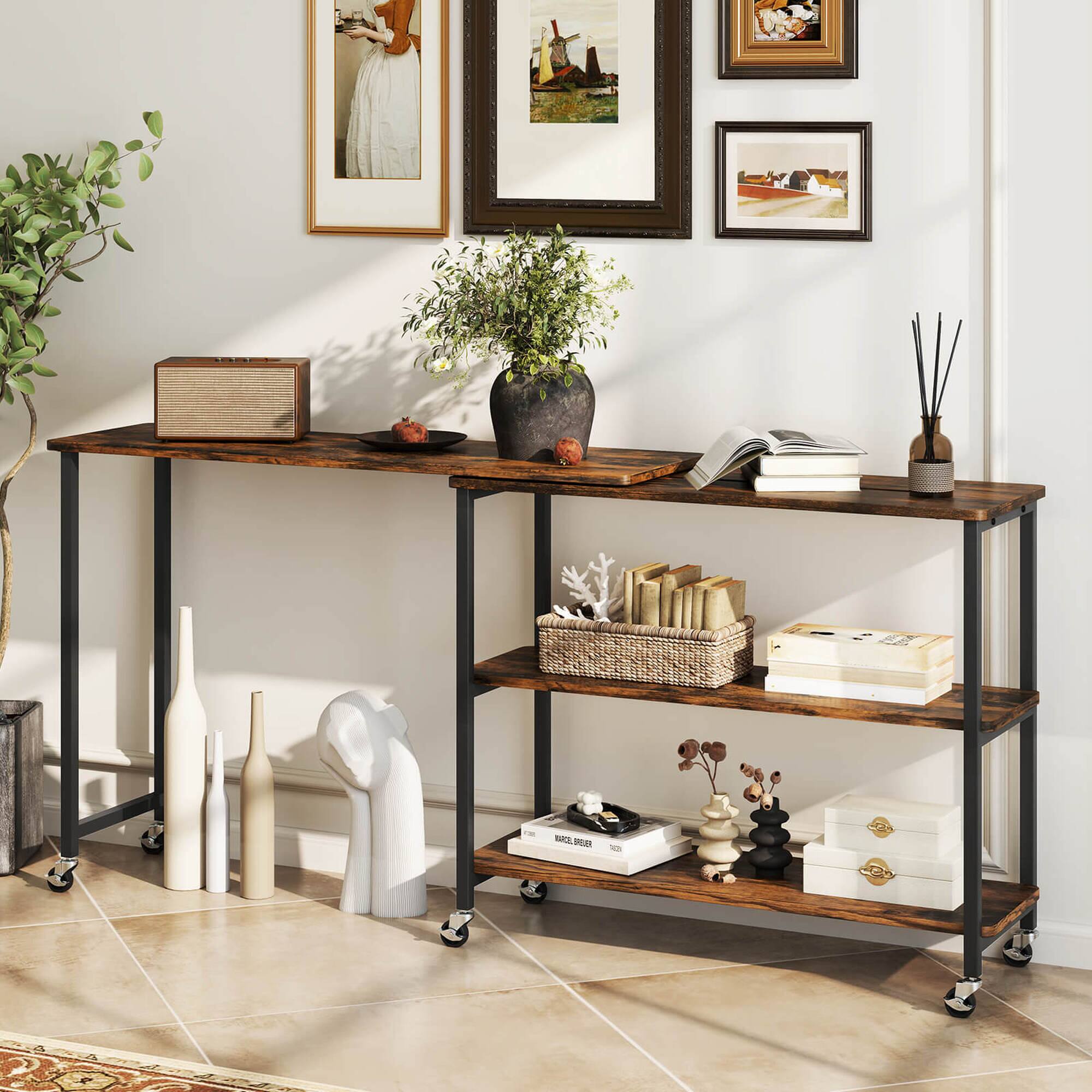 Alt View 4. Costway - Costway Large 360° Free Rotating Sofa Side Table with Wheels Storage Shelf Patented - Rustic Brown.