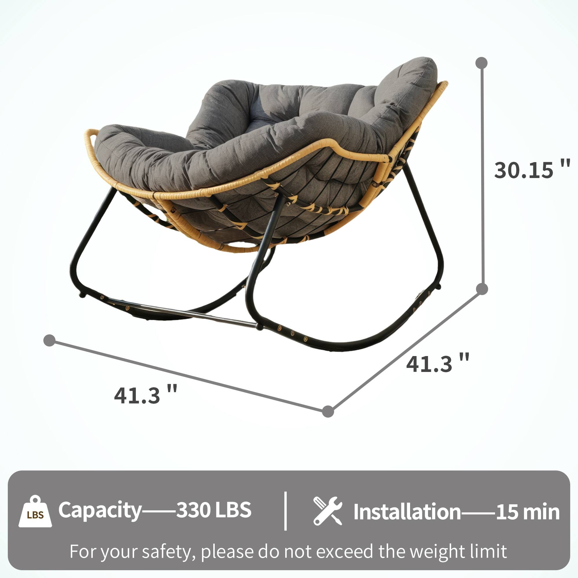 - Height: 30.15"
- Width: 41.3"
- Depth: 41.3"

Capacity: 330 LBS

Installation: 15 min

For your safety, please do not exceed the weight limit.