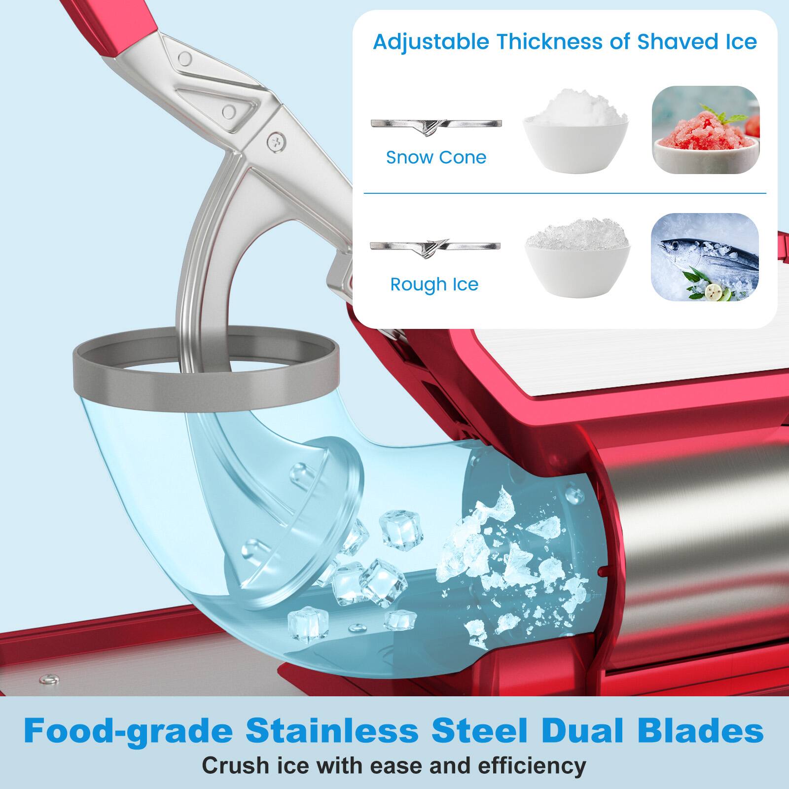 Adjustable Thickness of Shaved Ice  
- Snow Cone  
- Rough Ice  

Food-grade Stainless Steel Dual Blades  
Crush ice with ease and efficiency