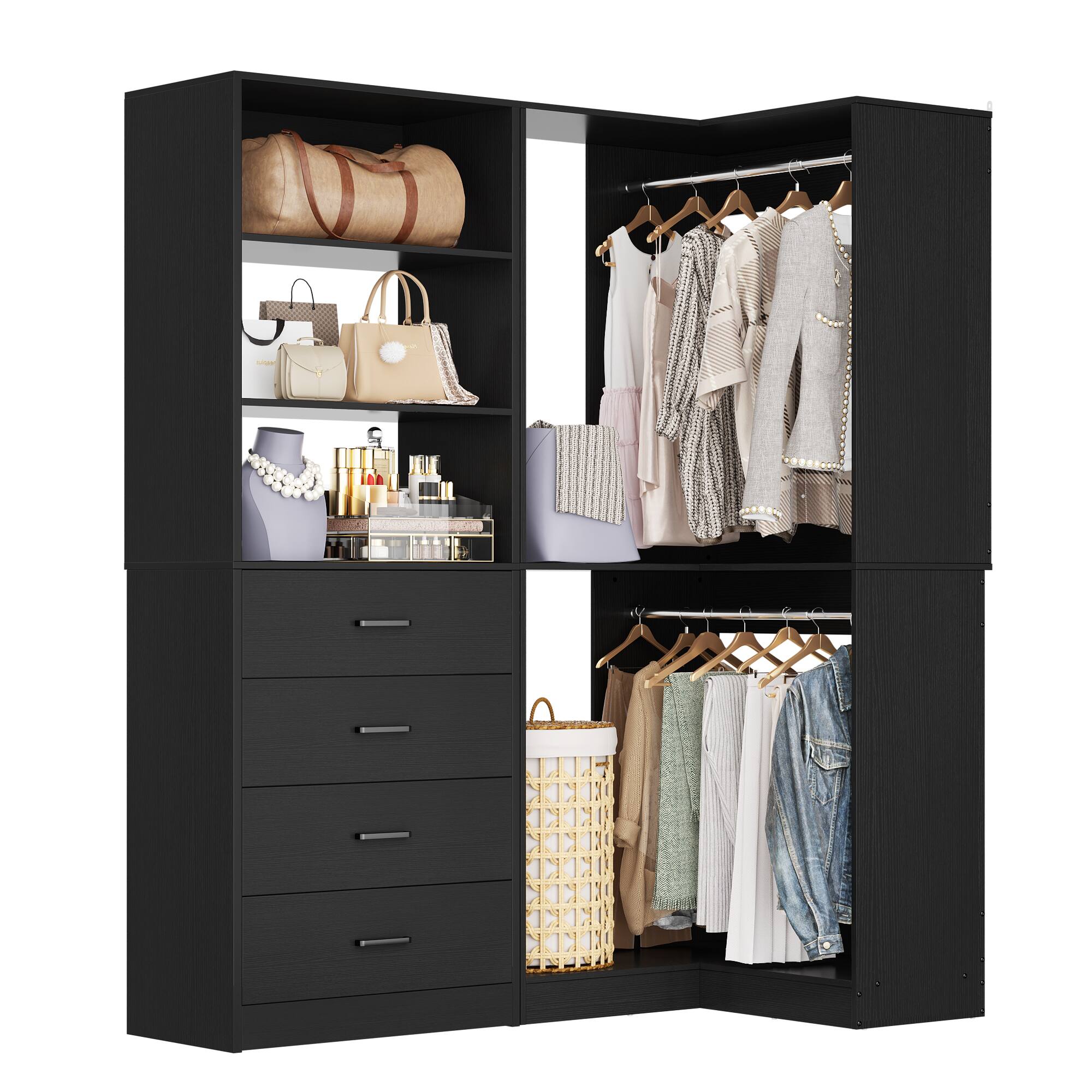 Back. Aheaplus - 4.4FT Closet Organizer System 2-Piece Set with 4 Drawers, 2 Hanging Rods and Storage Shelves, 52.8'' L x 31.5'' W - Black.