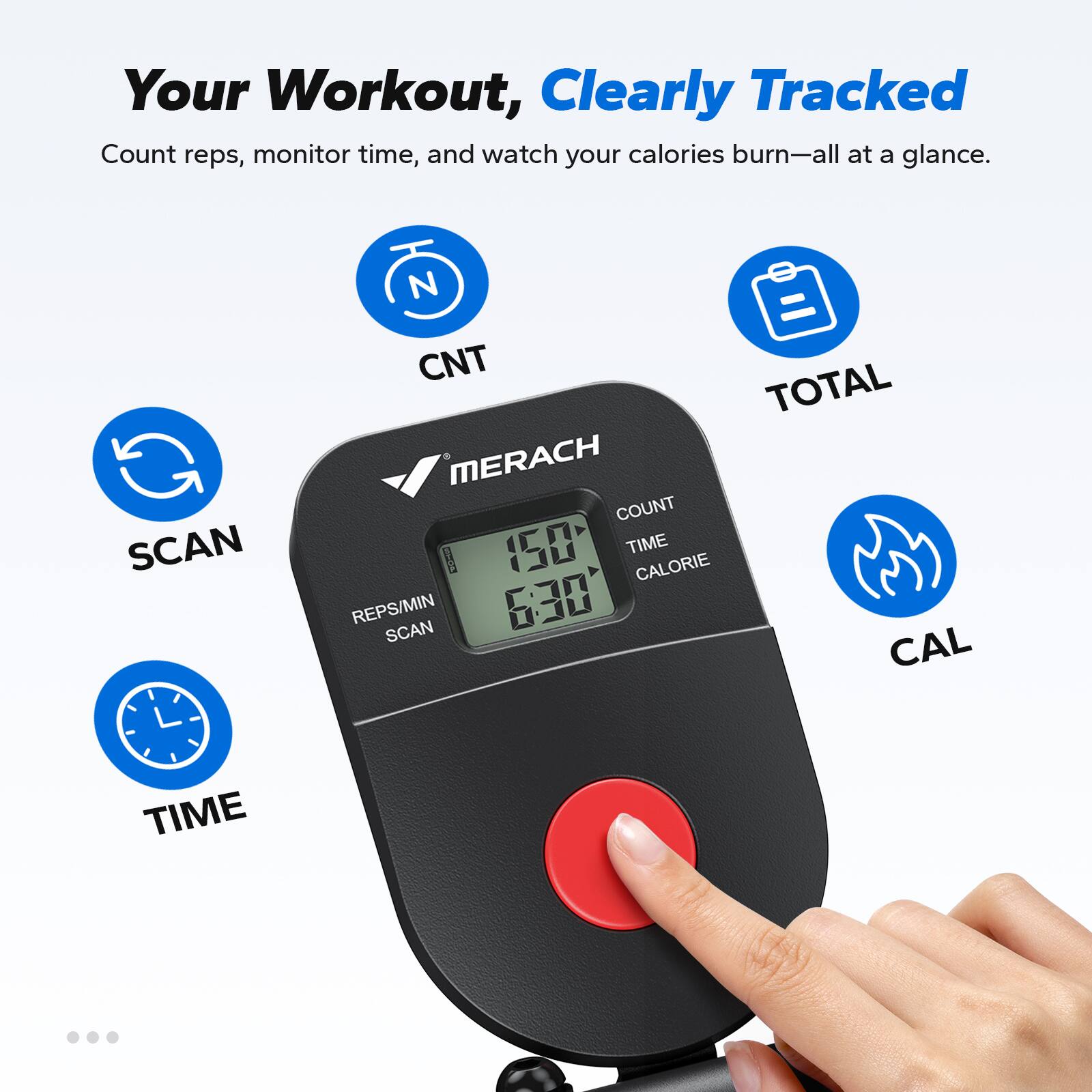 Your Workout, Clearly Tracked

Count reps, monitor time, and watch your calories burn—all at a glance.

- SCAN
- CNT
- TOTAL
- TIME
- CAL